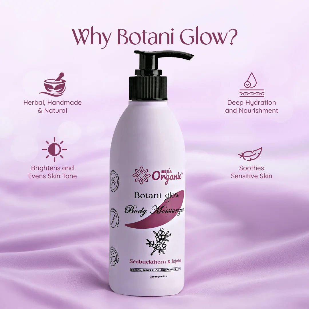 HEXA Organic Botani Glow Herbal Moisturizer – With Seabuckthorn, Amla, Tulsi, Green Tea, Aloe Vera, Jojoba & Almond Oil | Deep Hydration, Skin Regeneration, Glow & Nourishment | For All Skin Types | 250 ML