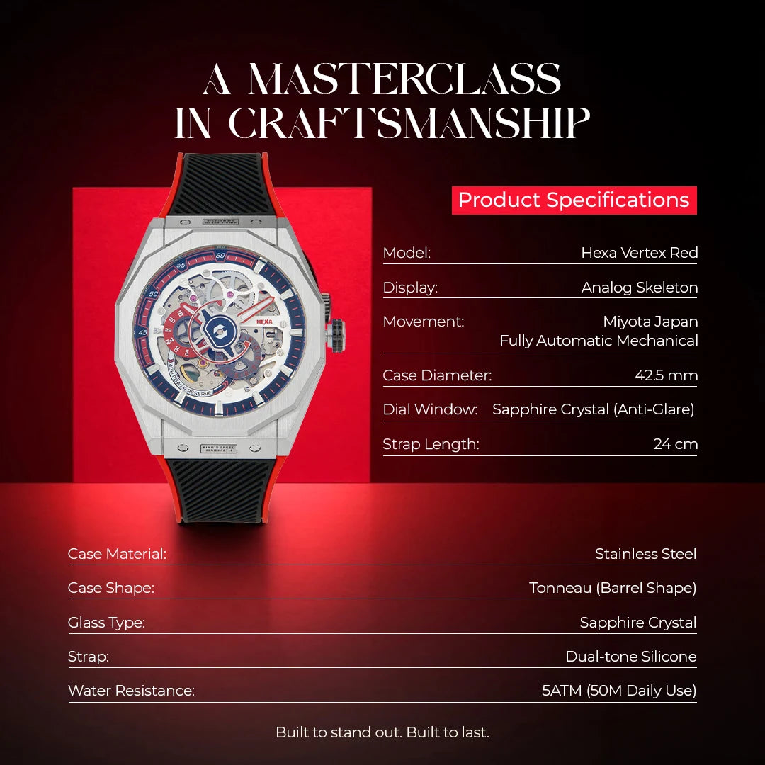 Hexa Vertex Red Skeleton Automatic Watch for Men | Miyota Japan Movement | Tonneau Barrel Case | Transparent Skeleton Dial | Sapphire Crystal Glass | Red Silicone Strap | 42.5mm | 5ATM