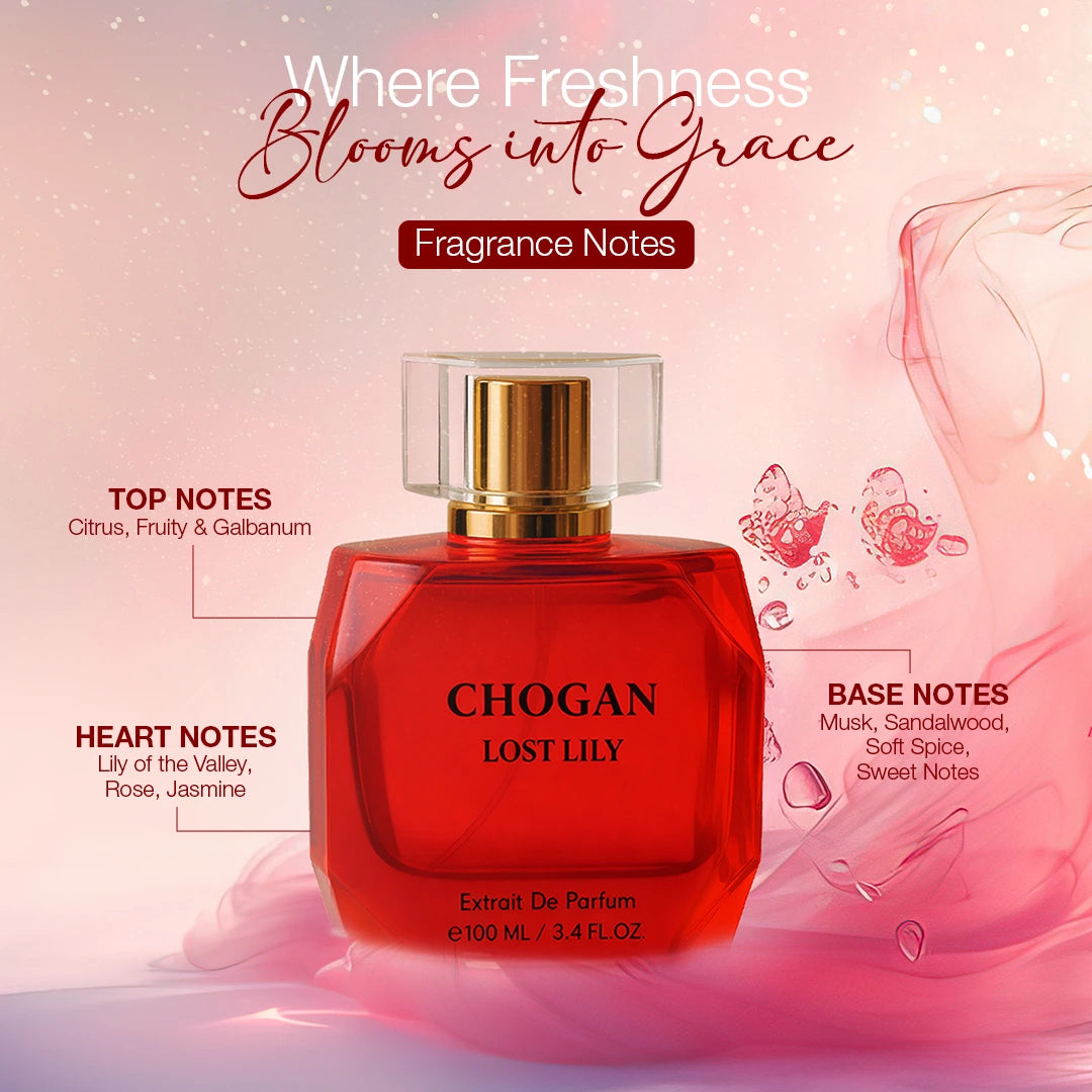 CHOGAN LOST LILY Extrait de Parfum – Citrus & Fruity Opening, Romantic Rose-Jasmine Heart, Soft Musk & Spiced Sandalwood Base | Sweet, Feminine & Long-Lasting Floral Fruity Scent | For Women | 100 ml
