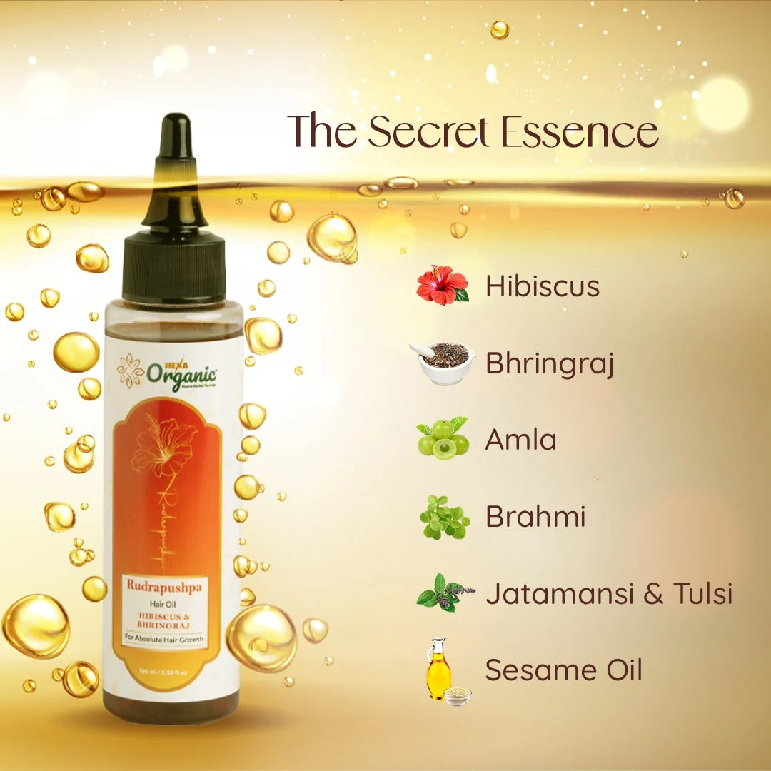 HEXA Organic RudraPushpa Hair Oil – With Hibiscus, Bhringraj, Amla, Brahmi, Jatamansi, Tulsi & Sesame Oil | Reduces Hair Fall, Promotes Growth, Nourishes Scalp | Paraben & Mineral Oils Free | 100 ml