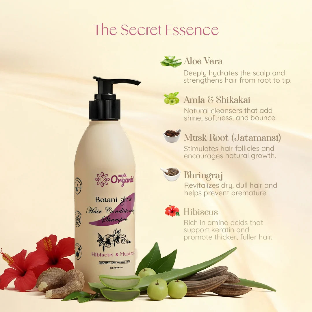 HEXA Organic Botani Glow Hair Conditioning Shampoo – With Hibiscus, Bhringraj, Aloe Vera & Amla | Reduces Hair Fall, Restores Smoothness & Healthy Shine , Anti-Dandruff| Paraben-Free | 250 ml