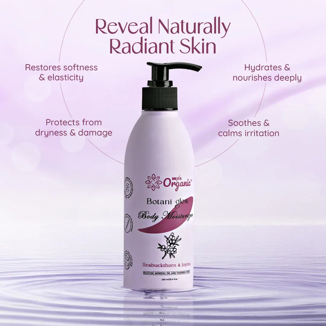 HEXA Organic Botani Glow Herbal Moisturizer – With Seabuckthorn, Amla, Tulsi, Green Tea, Aloe Vera, Jojoba & Almond Oil | Deep Hydration, Skin Regeneration, Glow & Nourishment | For All Skin Types | 250 ML