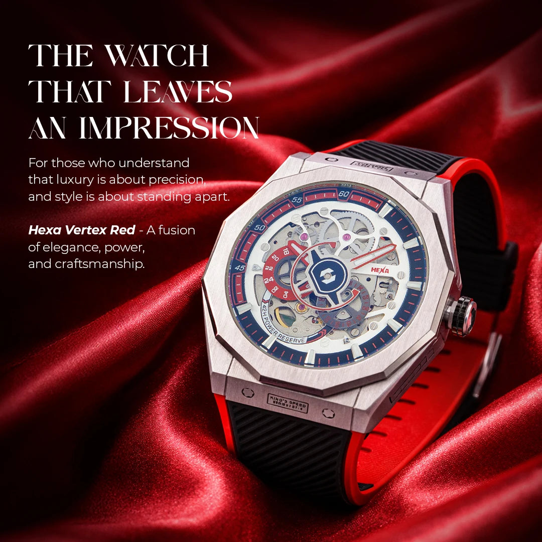 Hexa Vertex Red Skeleton Automatic Watch for Men | Miyota Japan Movement | Tonneau Barrel Case | Transparent Skeleton Dial | Sapphire Crystal Glass | Red Silicone Strap | 42.5mm | 5ATM