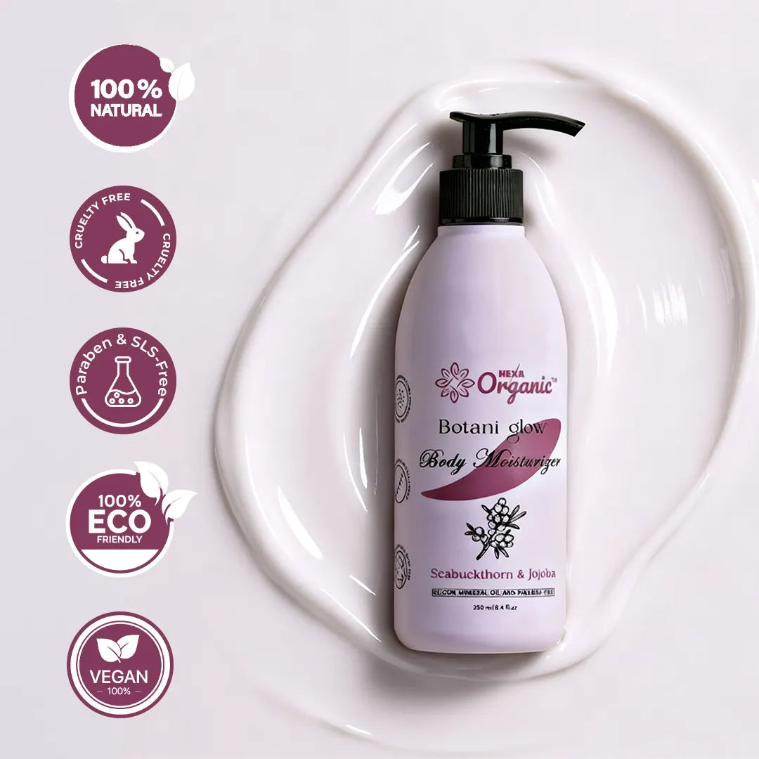 HEXA Organic Botani Glow Herbal Moisturizer – With Seabuckthorn, Amla, Tulsi, Green Tea, Aloe Vera, Jojoba & Almond Oil | Deep Hydration, Skin Regeneration, Glow & Nourishment | For All Skin Types | 250 ML