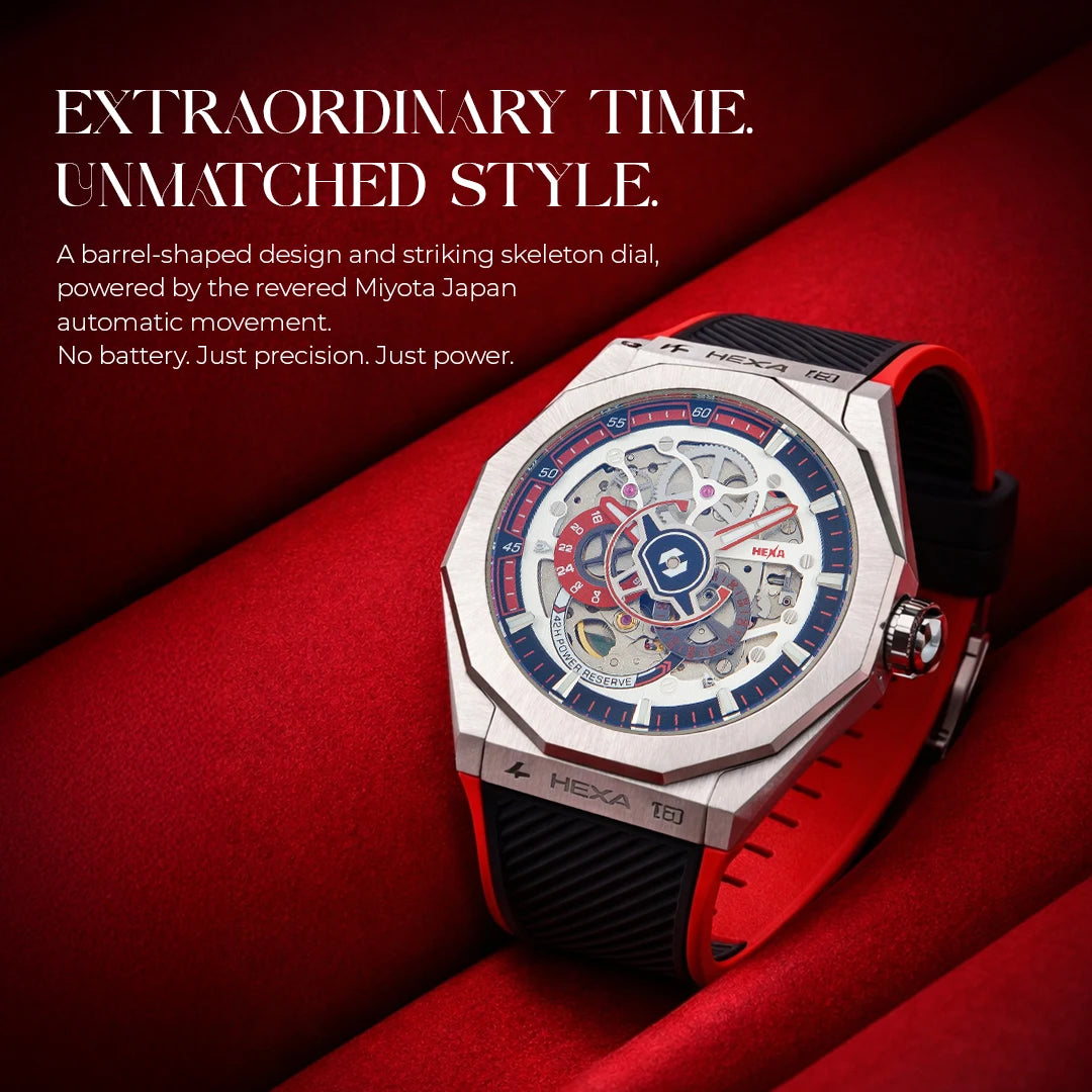 Hexa Vertex Red Skeleton Automatic Watch for Men | Miyota Japan Movement | Tonneau Barrel Case | Transparent Skeleton Dial | Sapphire Crystal Glass | Red Silicone Strap | 42.5mm | 5ATM