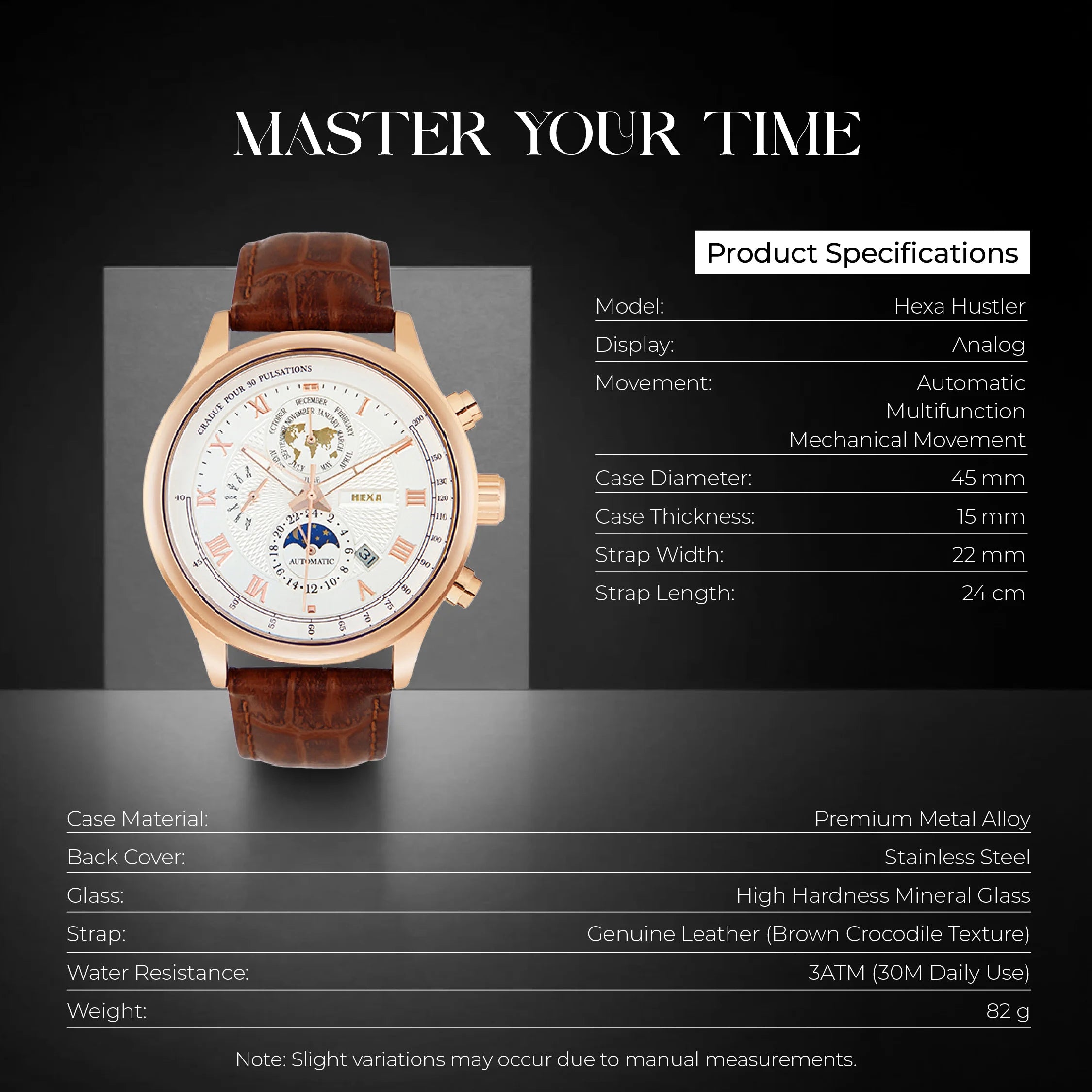 Hexa Hustler Automatic Mechanical Watch for Men | Moon Phase | World Map Dial | Pulsometer Bezel | Rose Gold Case | White Dial | Brown Leather Strap | 45mm | 3ATM