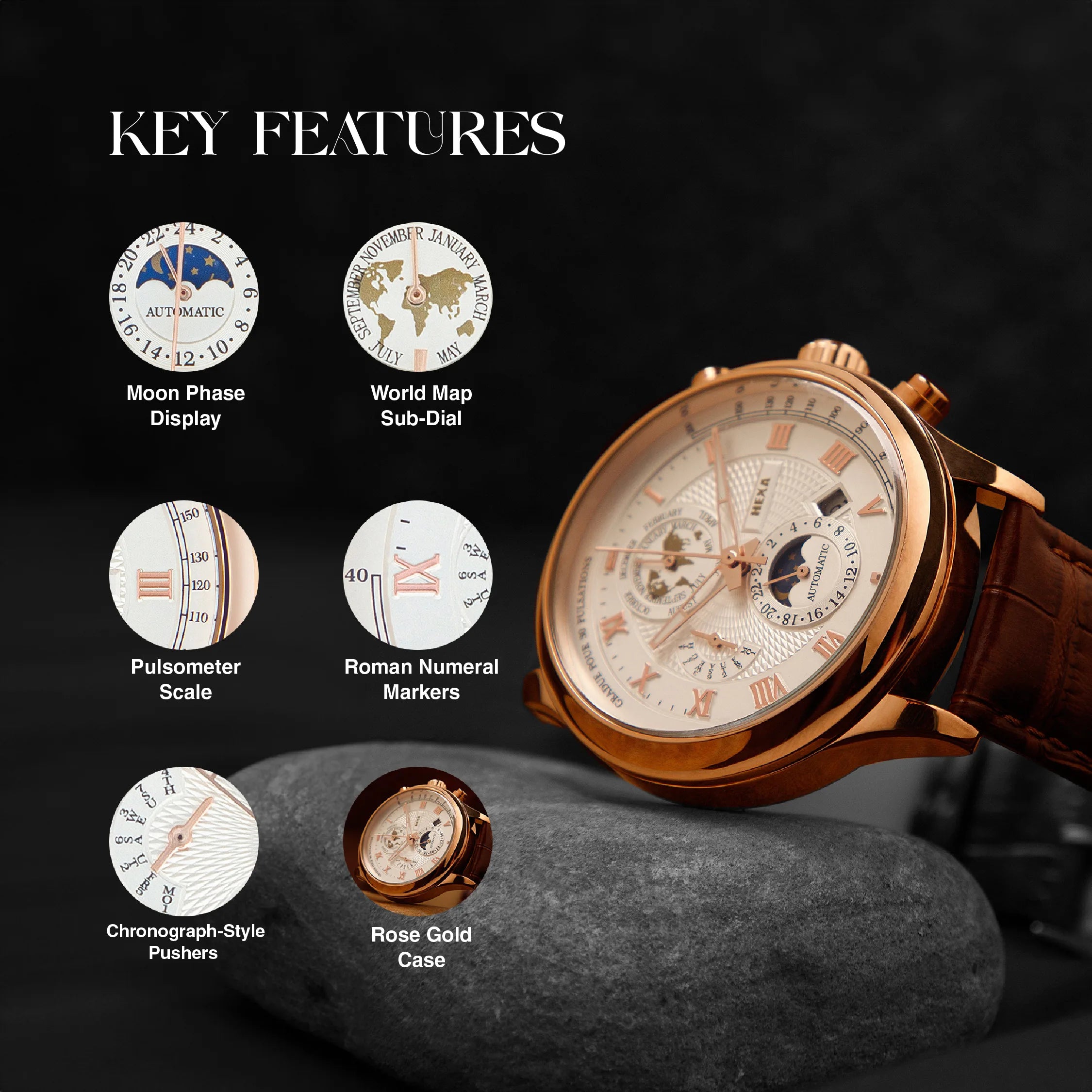 Hexa Hustler Automatic Mechanical Watch for Men | Moon Phase | World Map Dial | Pulsometer Bezel | Rose Gold Case | White Dial | Brown Leather Strap | 45mm | 3ATM