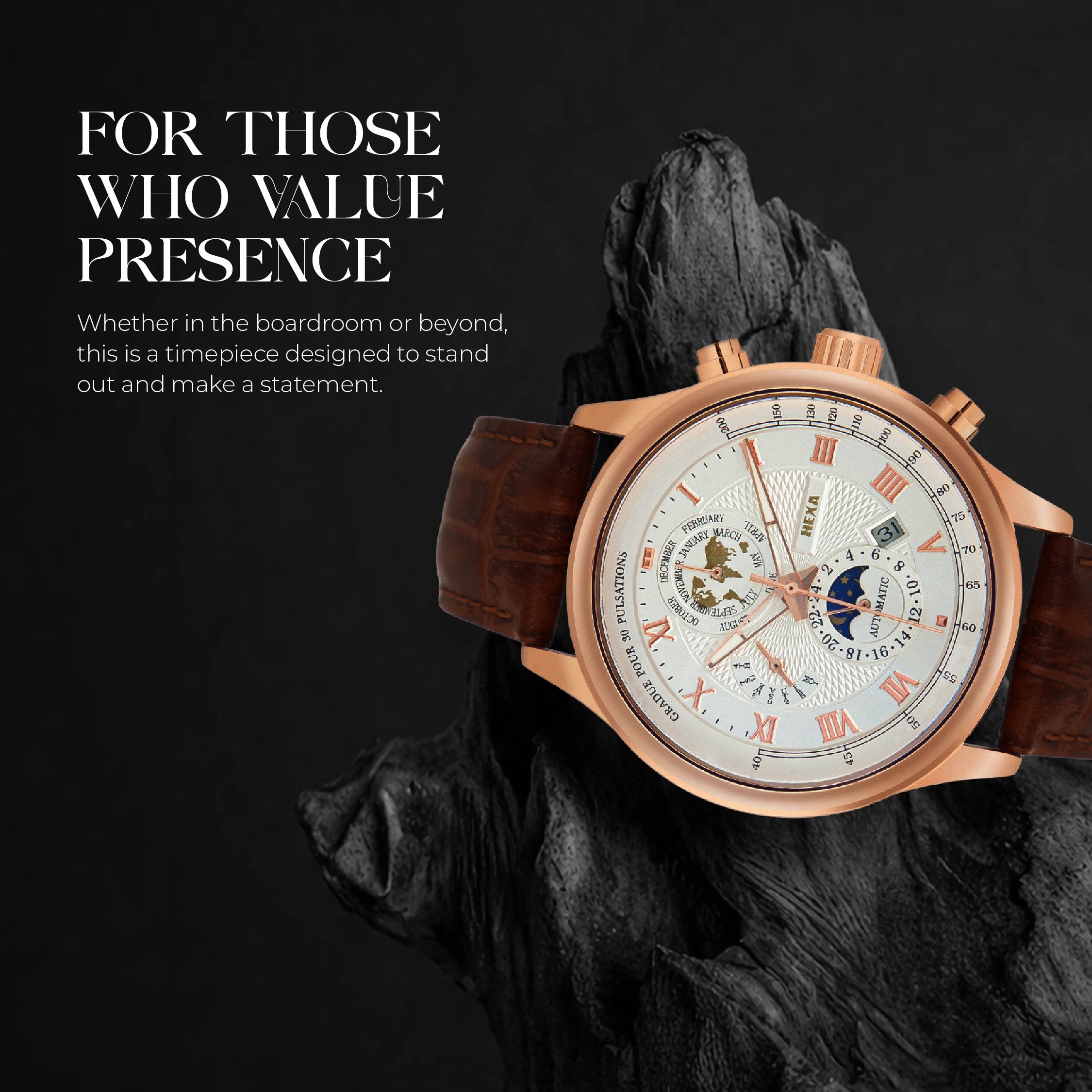 Hexa Hustler Automatic Mechanical Watch for Men | Moon Phase | World Map Dial | Pulsometer Bezel | Rose Gold Case | White Dial | Brown Leather Strap | 45mm | 3ATM