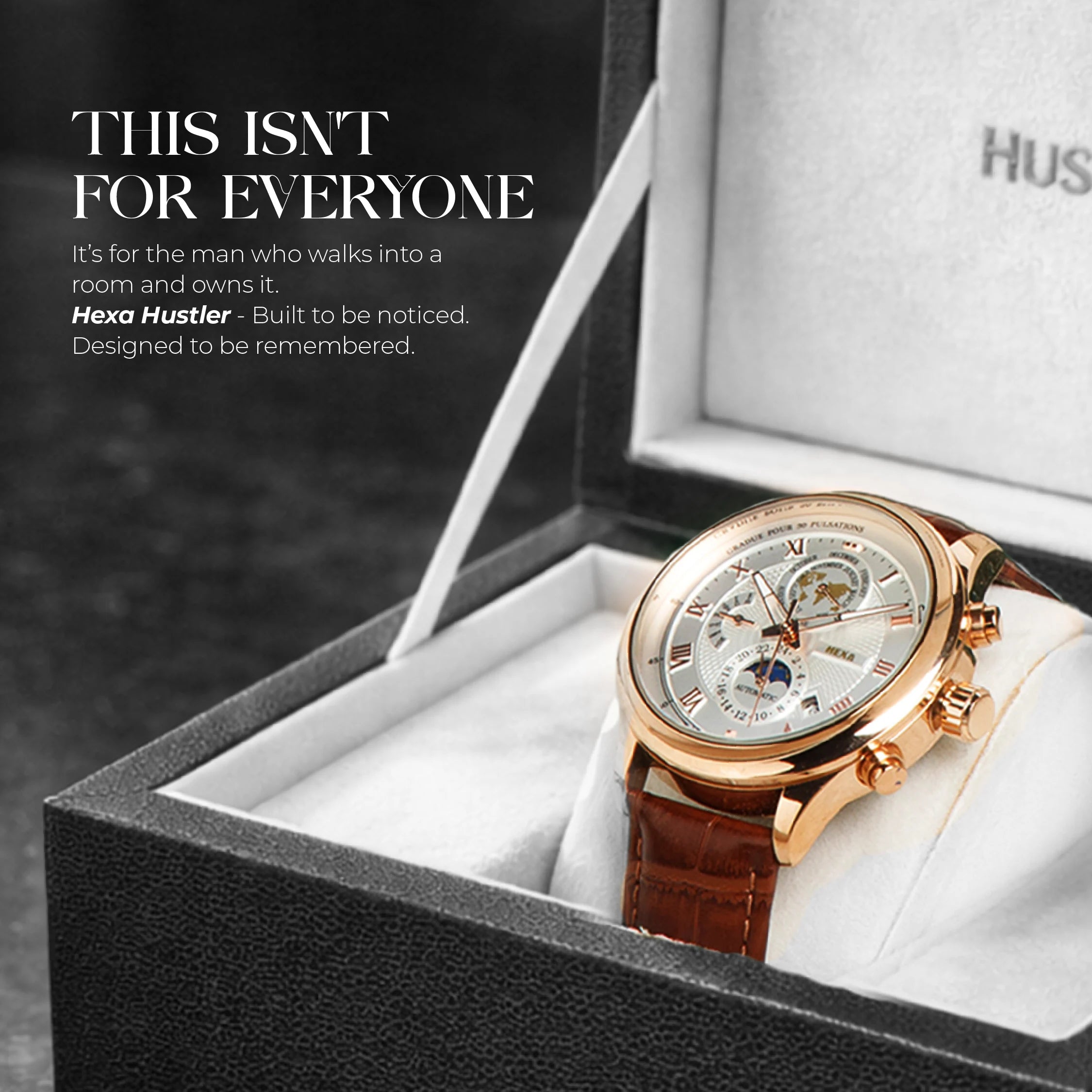 Hexa Hustler Automatic Mechanical Watch for Men | Moon Phase | World Map Dial | Pulsometer Bezel | Rose Gold Case | White Dial | Brown Leather Strap | 45mm | 3ATM