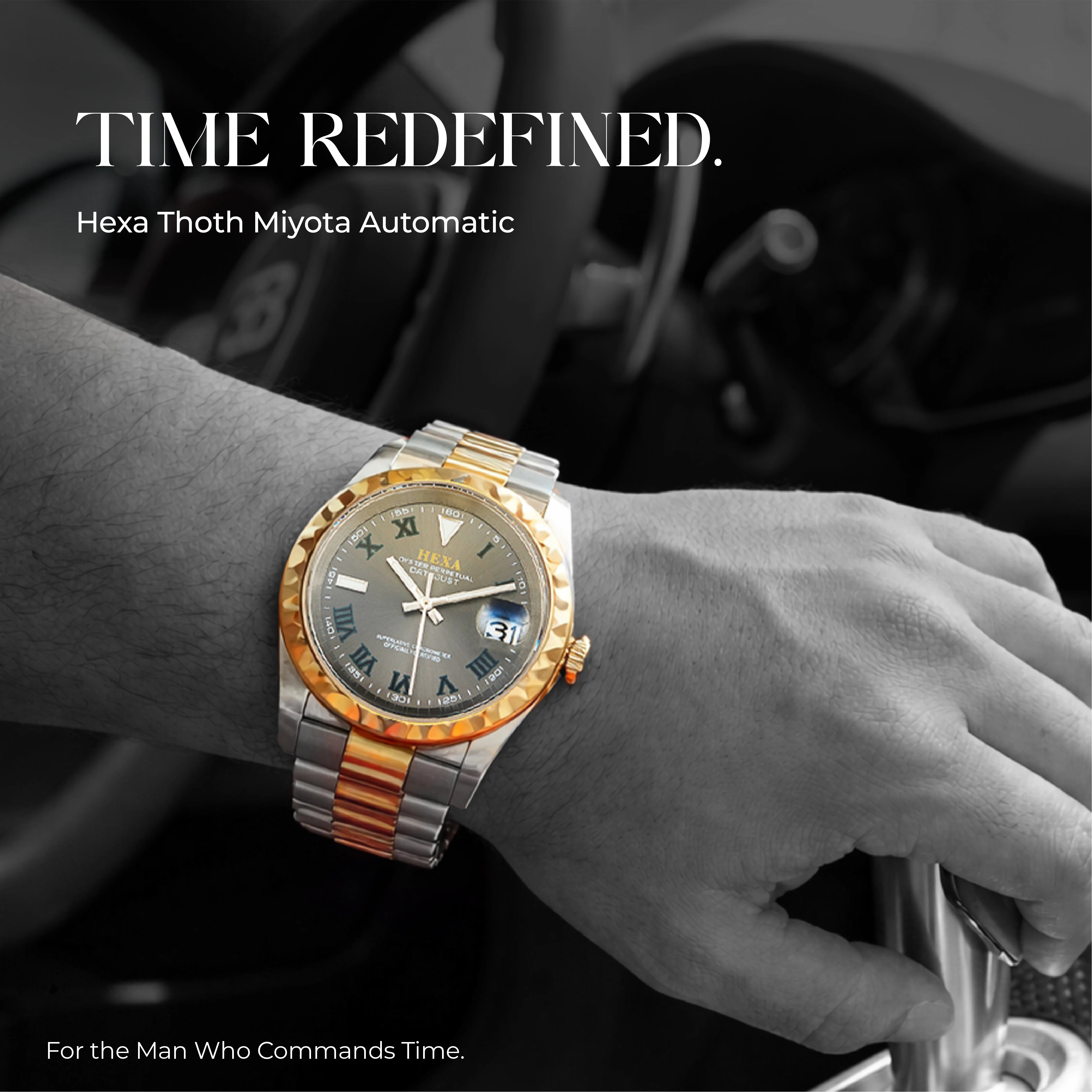 Hexa Thoth Automatic Mechanical Watch for Men | Miyota Japan Movement | Auto Date Display | Stainless Steel Case & Strap | 39mm Slim Profile | Business & Formal Wear | 3ATM