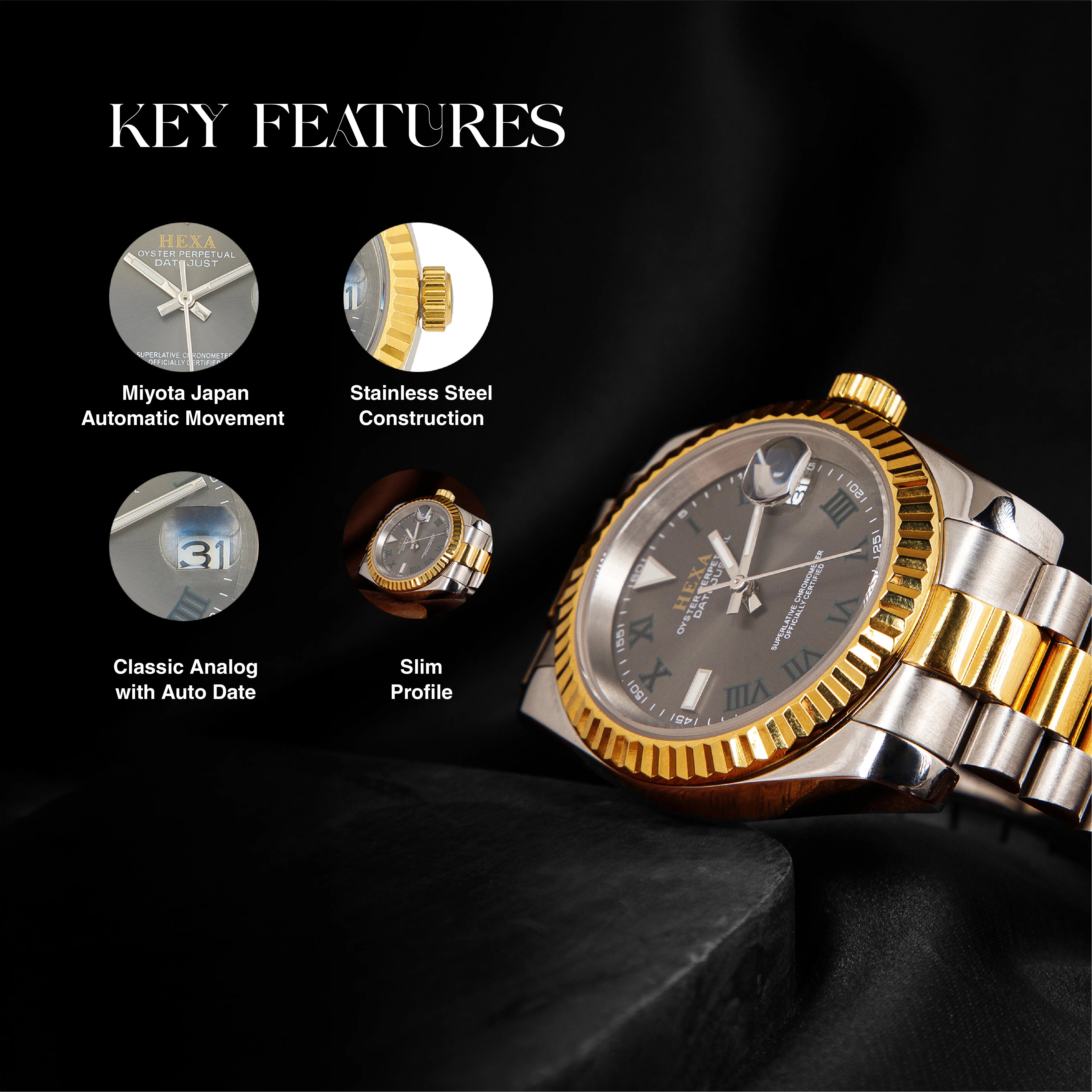 Hexa Thoth Automatic Mechanical Watch for Men | Miyota Japan Movement | Auto Date Display | Stainless Steel Case & Strap | 39mm Slim Profile | Business & Formal Wear | 3ATM