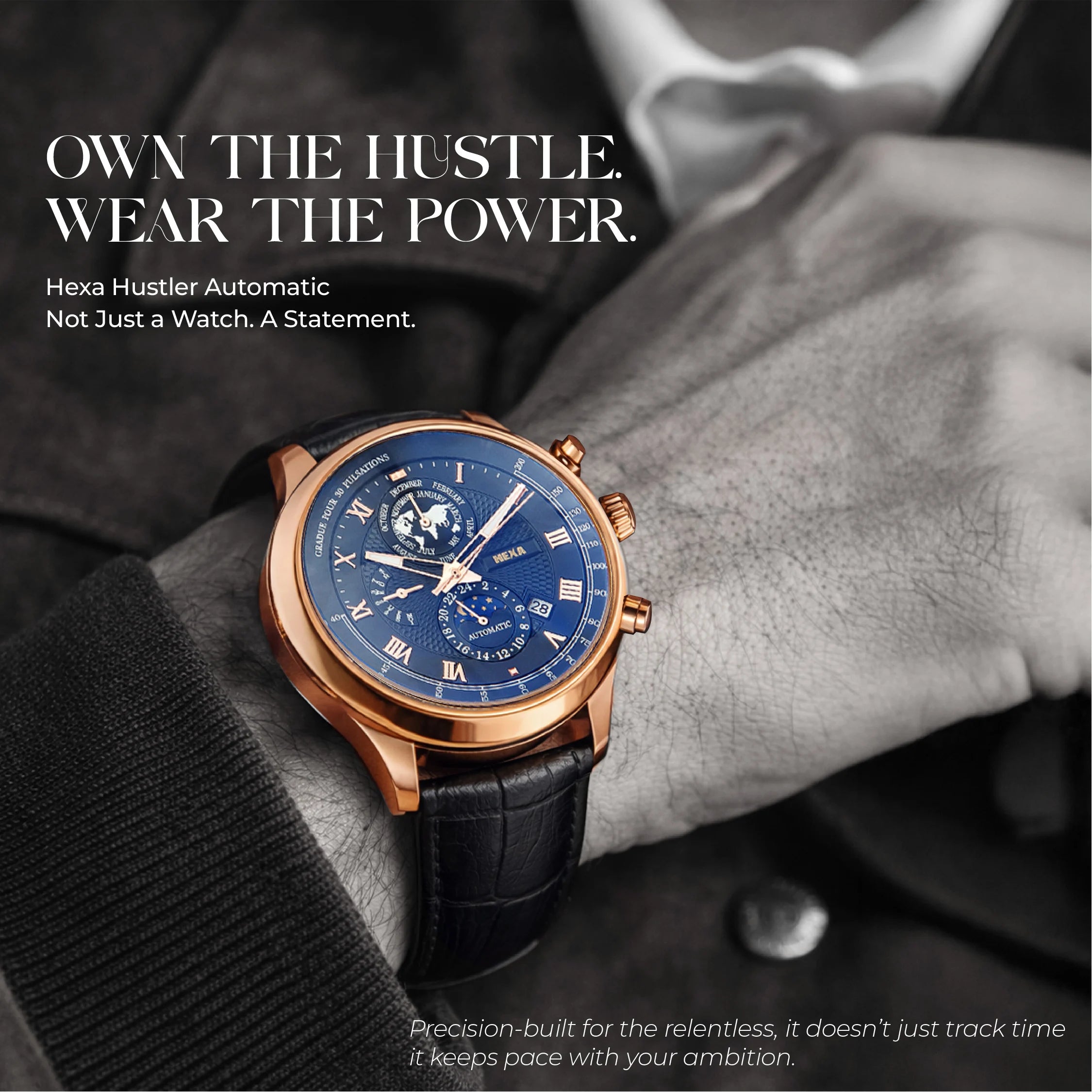 Hexa Hustler Automatic Mechanical Watch for Men | Moon Phase | World Map Dial | Pulsometer Bezel | Rose Gold Case | Black Dial | Black Leather Strap | 45mm | 3ATM