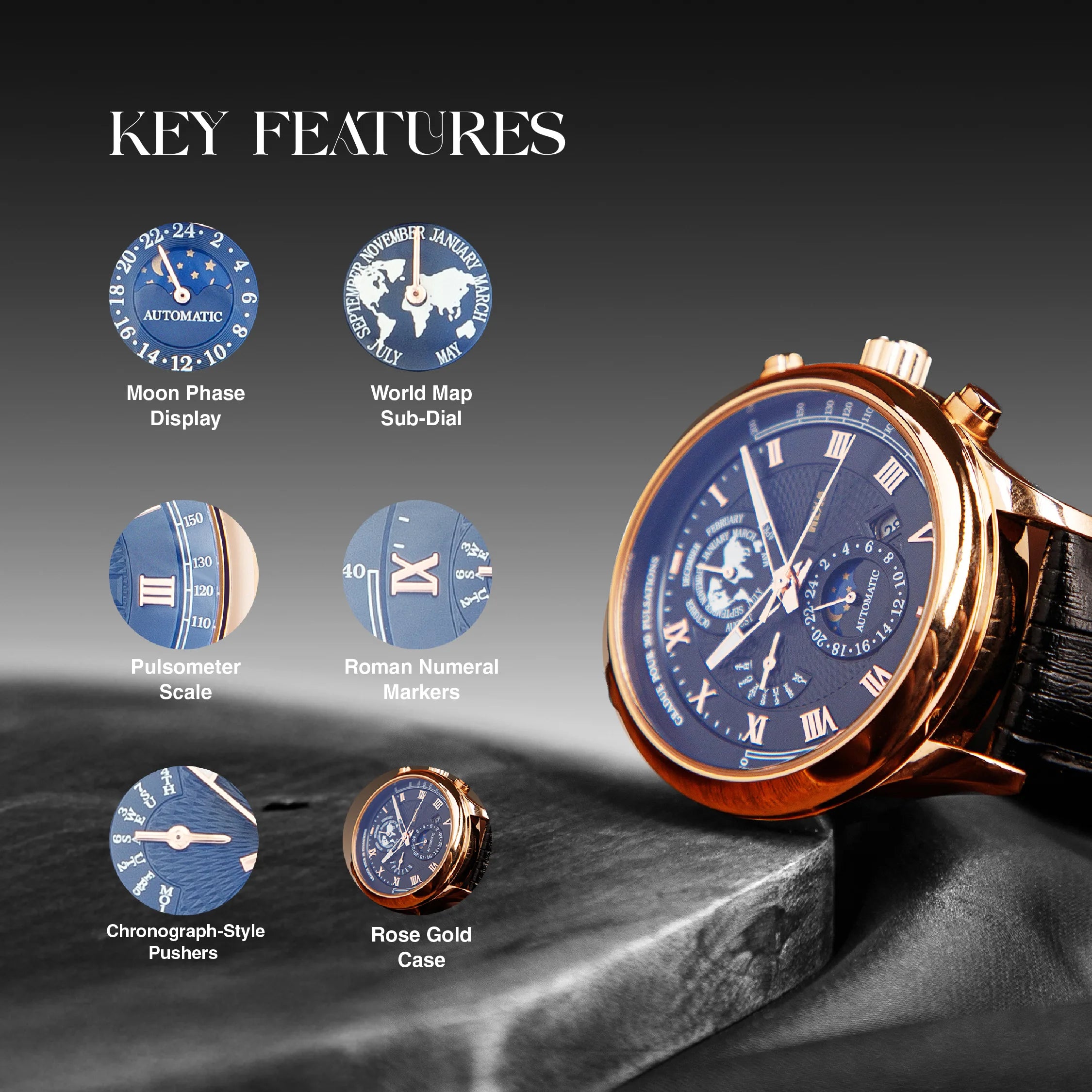Hexa Hustler Automatic Mechanical Watch for Men | Moon Phase | World Map Dial | Pulsometer Bezel | Rose Gold Case | Black Dial | Black Leather Strap | 45mm | 3ATM
