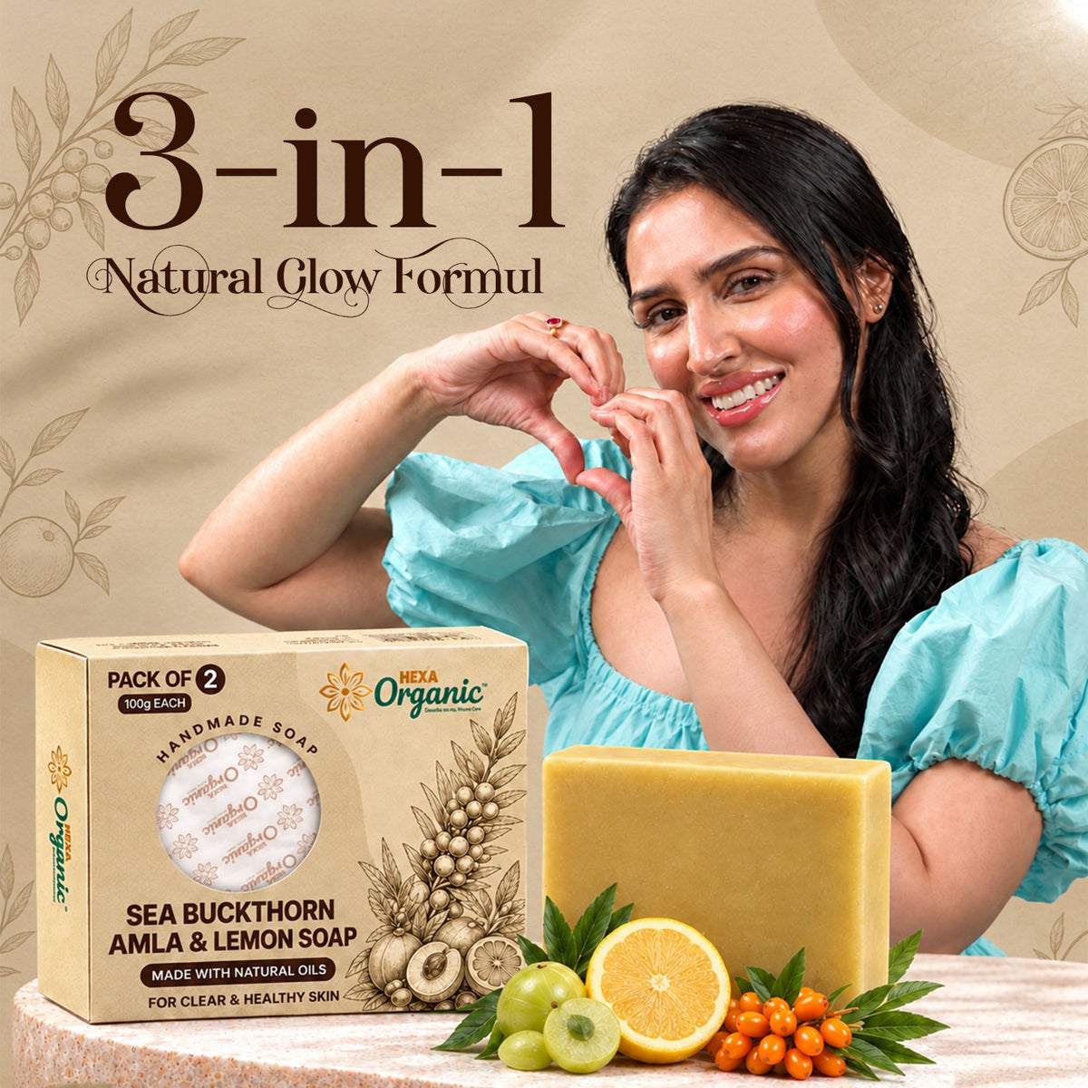 HEXA Organic Sea Buckthorn Amla & Lemon Soap 100g | Pack of 2 | Herbal Soap for Dull-Looking Skin, Antioxidant Care & Excess Oil Cleansing