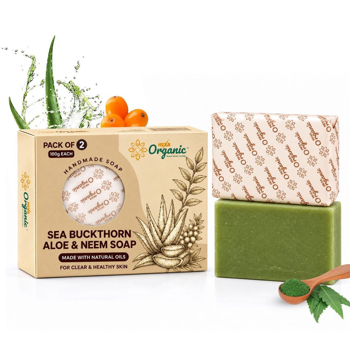 HEXA Organic Sea Buckthorn Aloe Vera & Neem Soap 100g | Pack of 2 | Herbal Soap for Oily Skin, Hydration & Purifying Cleansing