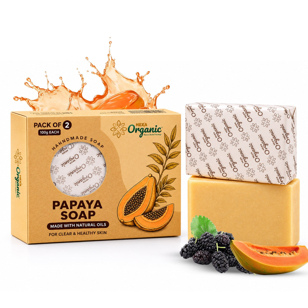 HEXA Organic Papaya & Mulberry Soap 100g | Pack of 2 | Herbal Soap for Smoother-Looking Skin, Antioxidant Care & Dullness