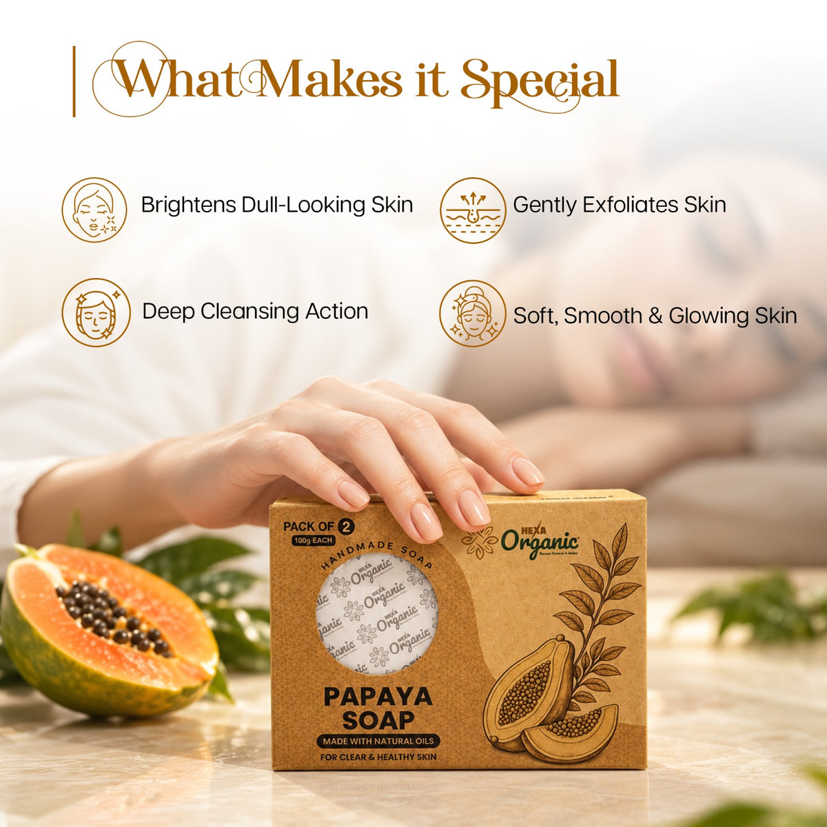 HEXA Organic Papaya & Mulberry Soap 100g | Pack of 2 | Herbal Soap for Smoother-Looking Skin, Antioxidant Care & Dullness