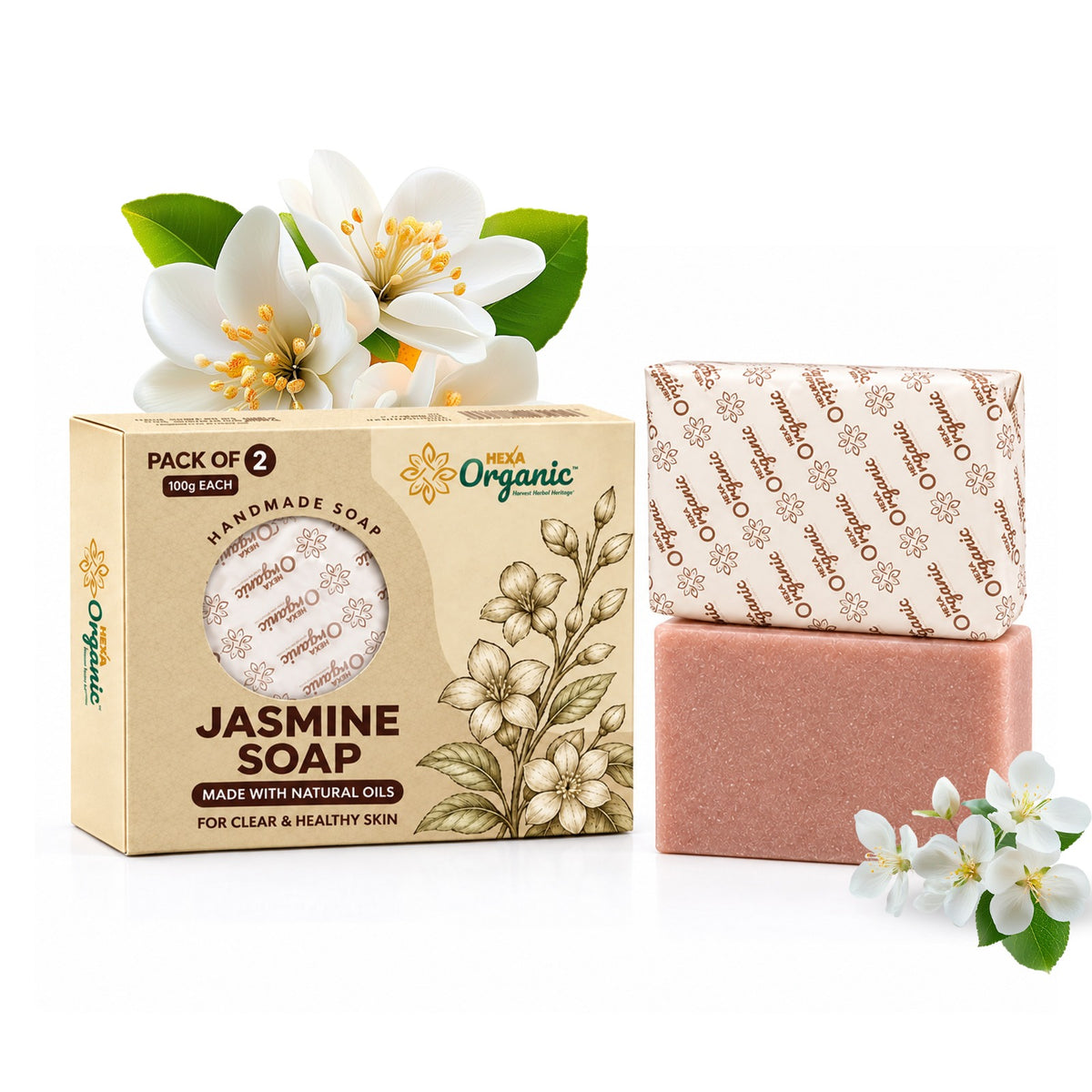 HEXA Organic Jasmine & Rose Soap 100g | Pack of 2 | Floral Herbal Soap for Hydration, Soft & Conditioned Skin