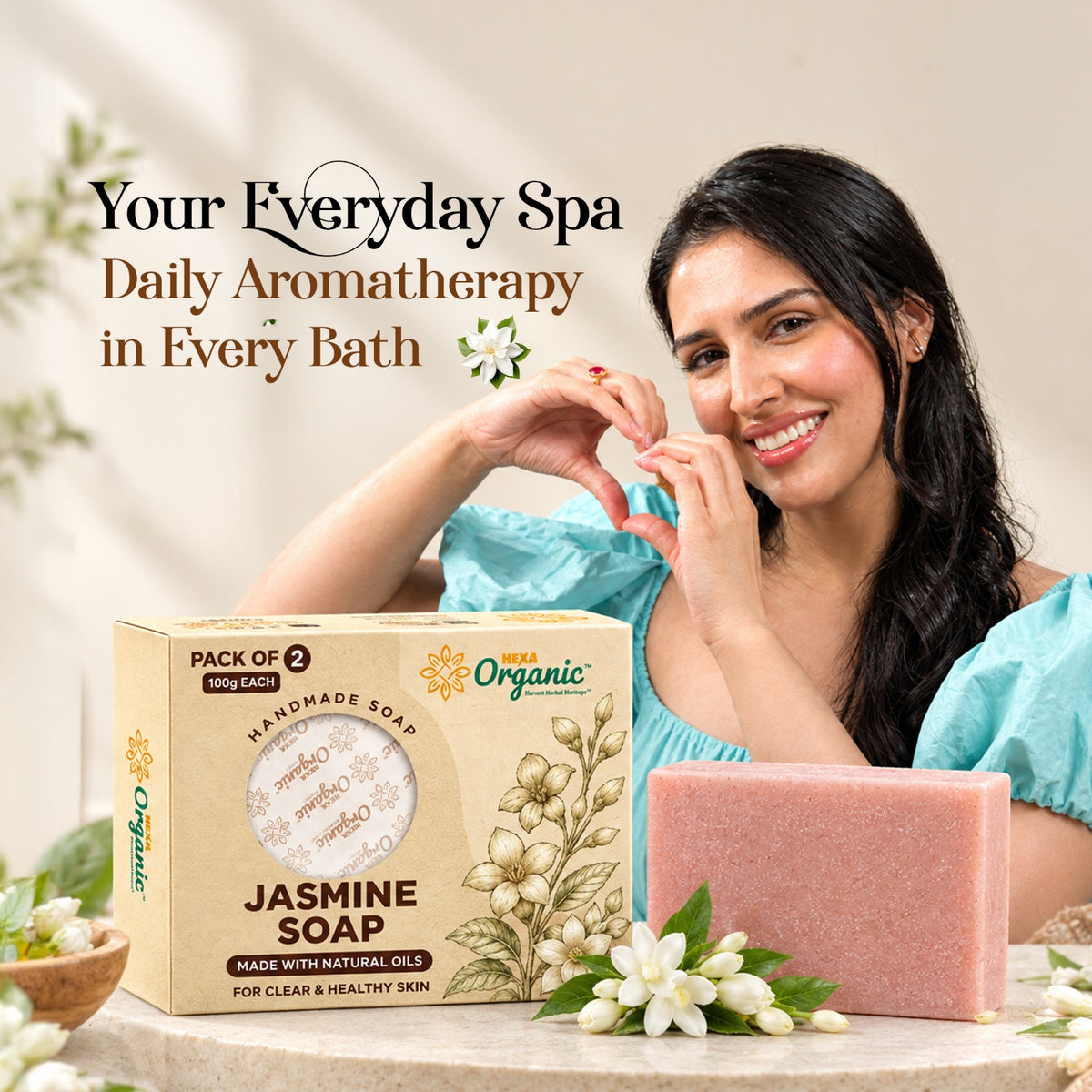 HEXA Organic Jasmine & Rose Soap 100g | Pack of 2 | Floral Herbal Soap for Hydration, Soft & Conditioned Skin