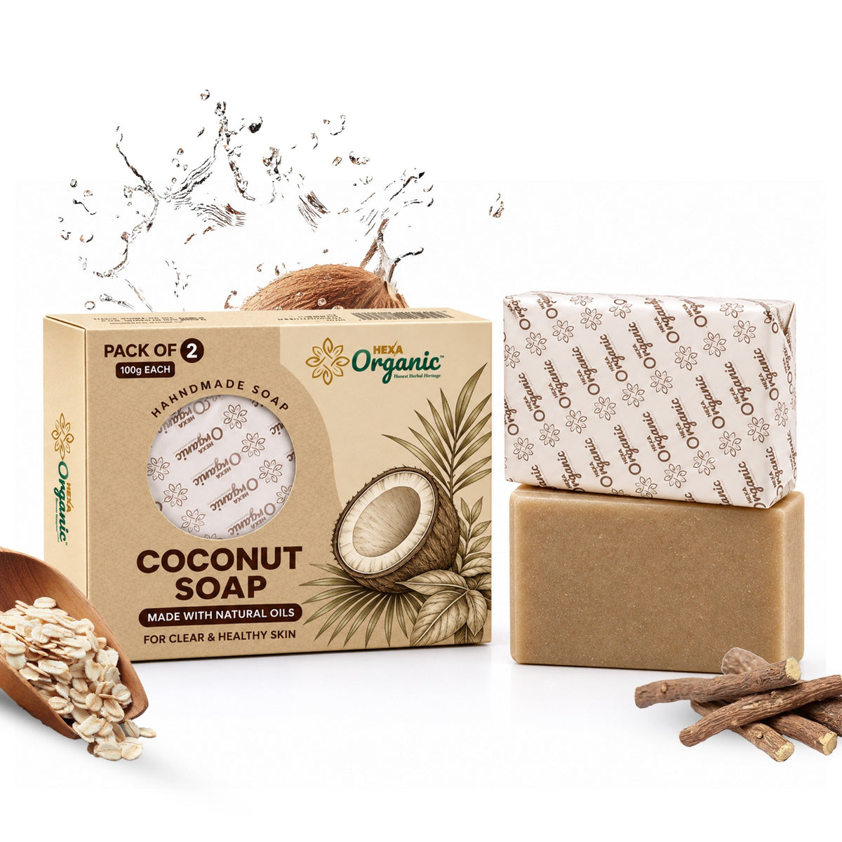 HEXA Organic Coconut Mulethi & Oat Soap 100g | Pack of 2 | Herbal Soap for Dry-Feeling Skin, Hydration & Gentle Cleansing