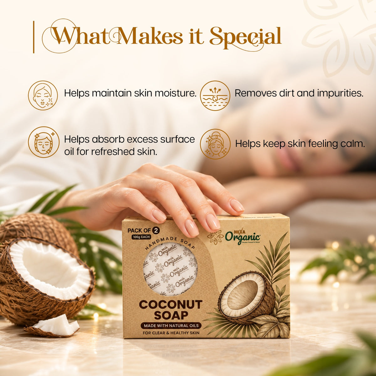 HEXA Organic Coconut Mulethi & Oat Soap 100g | Pack of 2 | Herbal Soap for Dry-Feeling Skin, Hydration & Gentle Cleansing