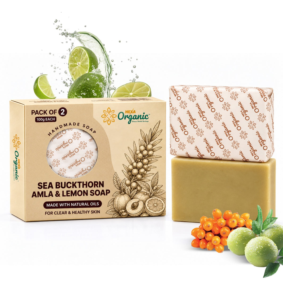 HEXA Organic Sea Buckthorn Amla & Lemon Soap 100g | Pack of 2 | Herbal Soap for Dull-Looking Skin, Antioxidant Care & Excess Oil Cleansing