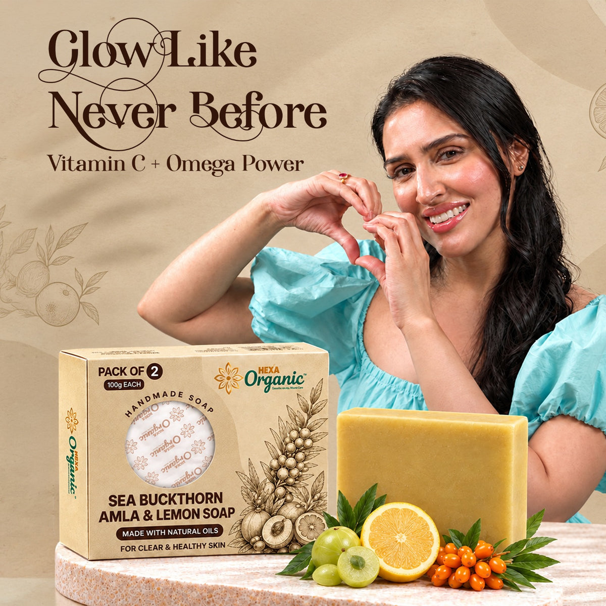 HEXA Organic Sea Buckthorn Orange & Haldi Soap 100g | Pack of 2 | Herbal Soap for Dull-Looking Skin, Tan-Care & Excess Oil Cleansing