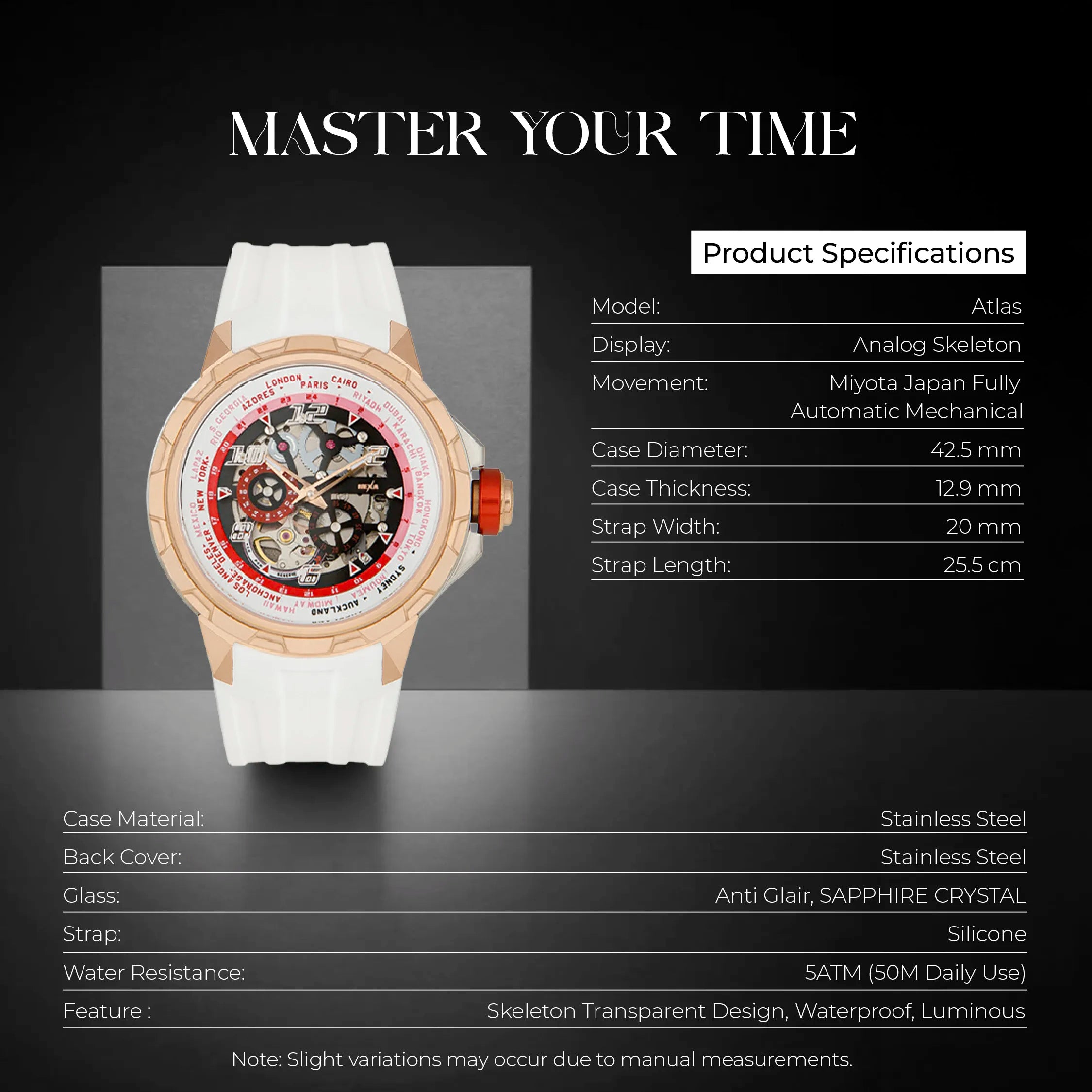 Hexa Atlas Skeleton Automatic Watch for Men | Miyota Japan Movement | Transparent Skeleton Dial | Sapphire Crystal Glass | Stainless Steel Case | Red Accent | Silicone Strap | 42.5mm | 5ATM