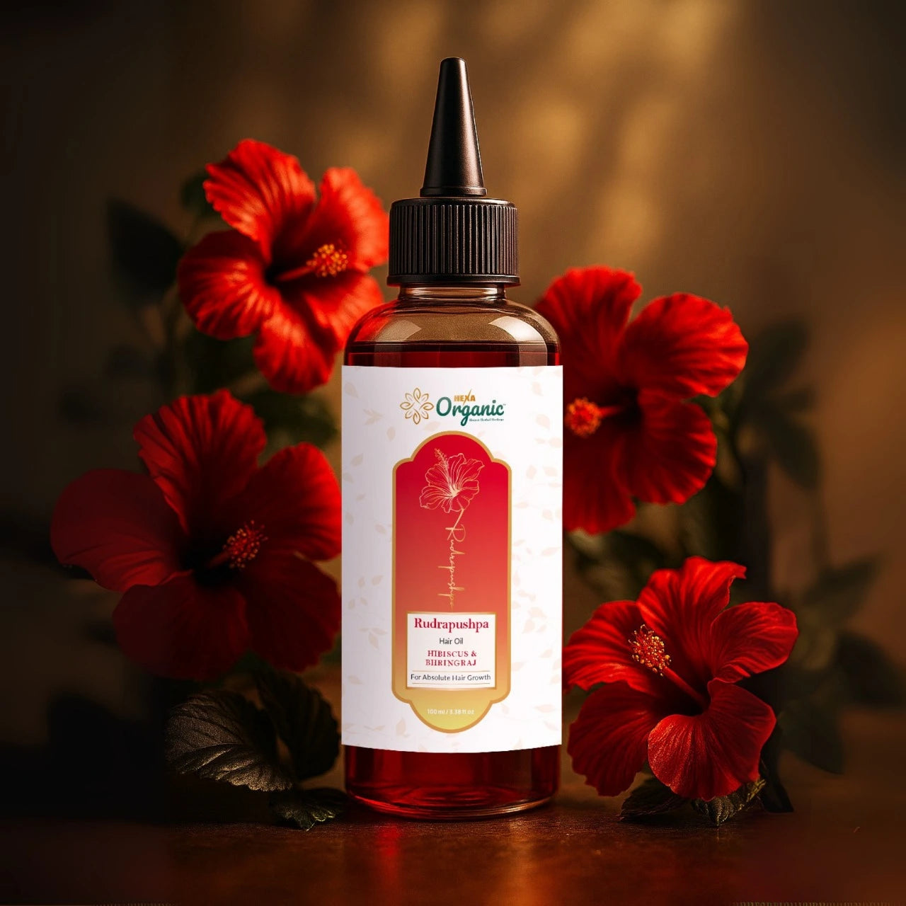 HEXA Organic RudraPushpa Hair Oil – With Hibiscus, Bhringraj, Amla, Brahmi, Jatamansi, Tulsi & Sesame Oil | Reduces Hair Fall, Promotes Growth, Nourishes Scalp | Paraben & Mineral Oils Free | 100 ml