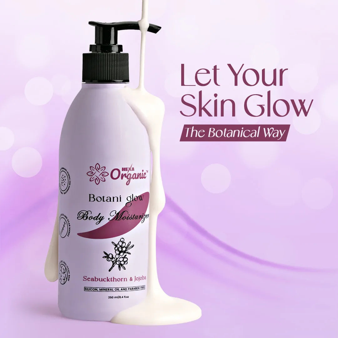 HEXA Organic Botani Glow Herbal Moisturizer – With Seabuckthorn, Amla, Tulsi, Green Tea, Aloe Vera, Jojoba & Almond Oil | Deep Hydration, Skin Regeneration, Glow & Nourishment | For All Skin Types | 250 ML