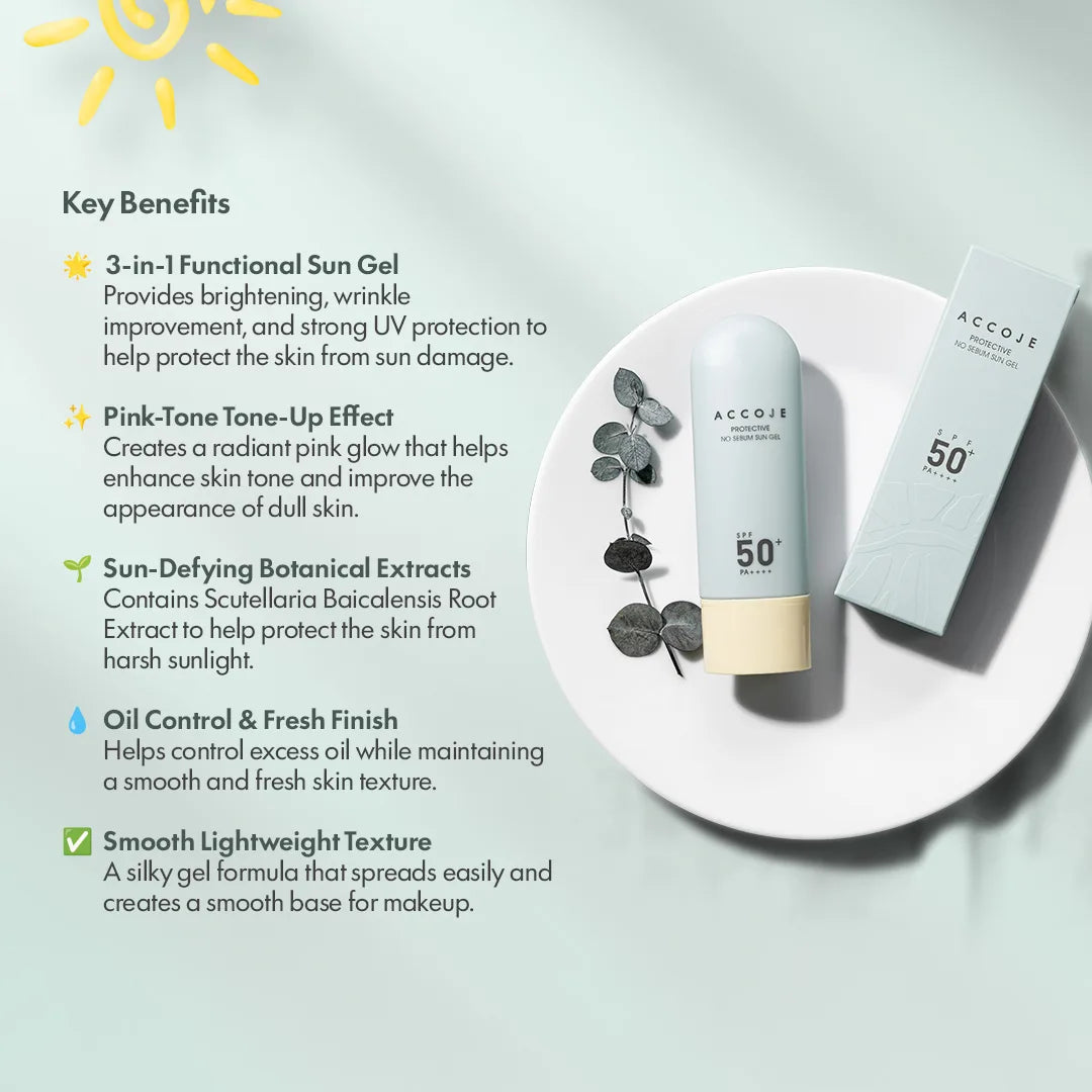 ACCOJE Protective No Sebum Sun Gel SPF50+ PA++++ | Oil-Control Matte Sunscreen Gel with Niacinamide & Aloe Vera | Lightweight Korean Sunscreen for Oily & Combination Skin | Broad Spectrum UV Protection– 50g