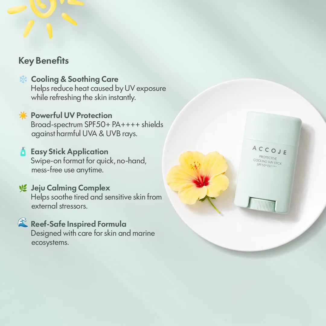 ACCOJE Protective Cooling Sun Stick SPF50+ PA++++ | Portable Korean Sunscreen Stick with Cooling & Hydrating Effect | Broad Spectrum UV Protection | Lightweight Travel Friendly Sun Stick – 15g