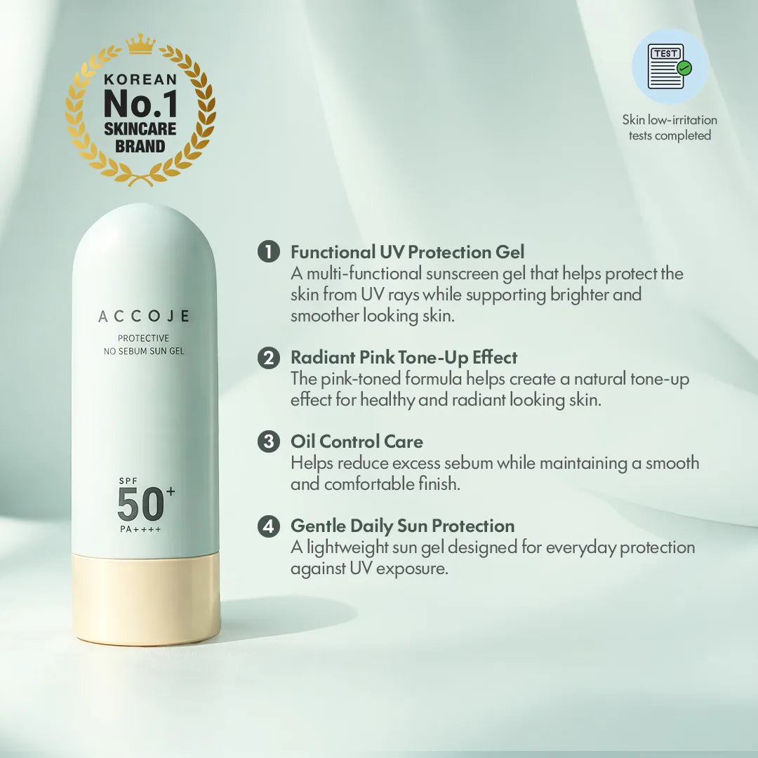 ACCOJE Protective No Sebum Sun Gel SPF50+ PA++++ | Oil-Control Matte Sunscreen Gel with Niacinamide & Aloe Vera | Lightweight Korean Sunscreen for Oily & Combination Skin | Broad Spectrum UV Protection– 50g