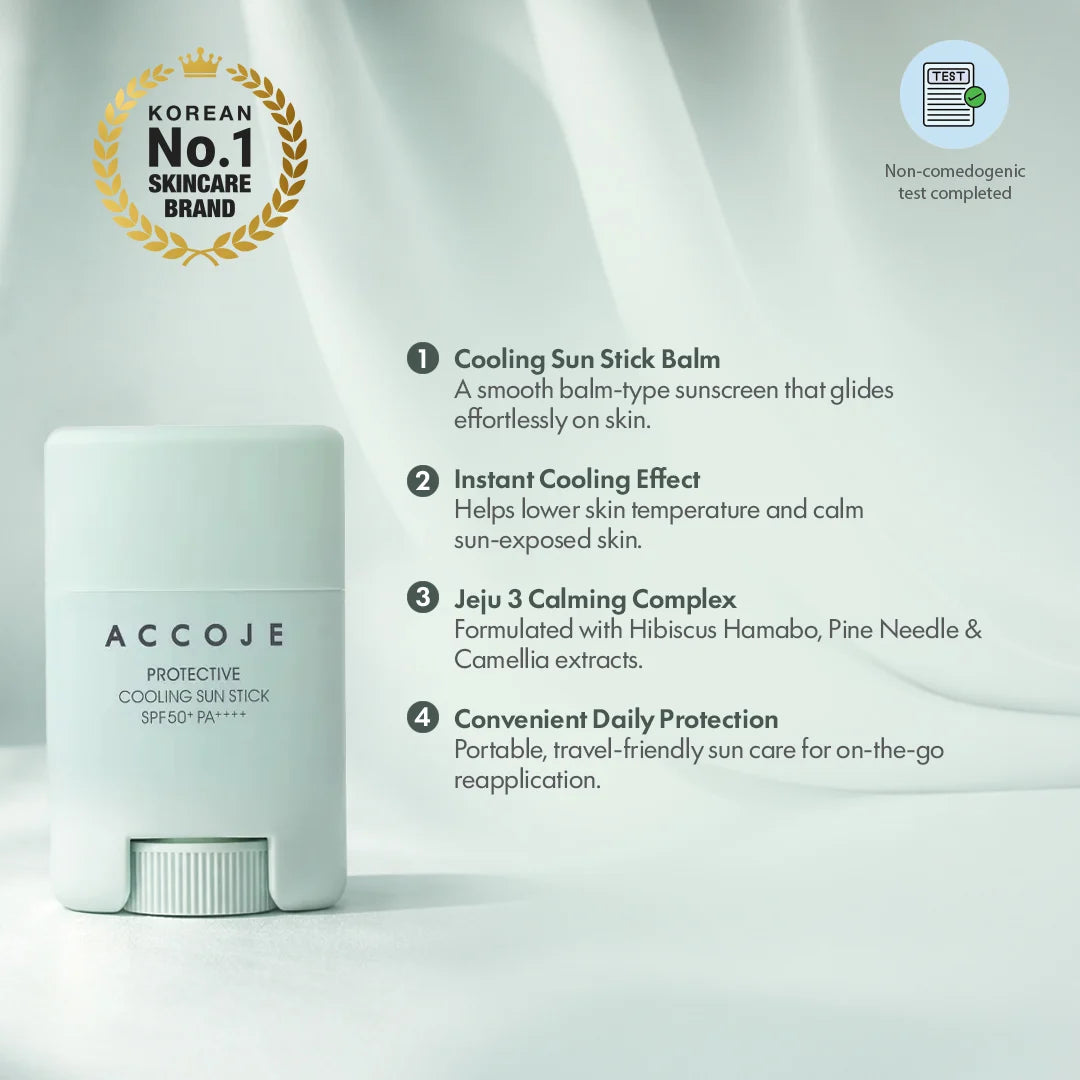 ACCOJE Protective Cooling Sun Stick SPF50+ PA++++ | Portable Korean Sunscreen Stick with Cooling & Hydrating Effect | Broad Spectrum UV Protection | Lightweight Travel Friendly Sun Stick – 15g