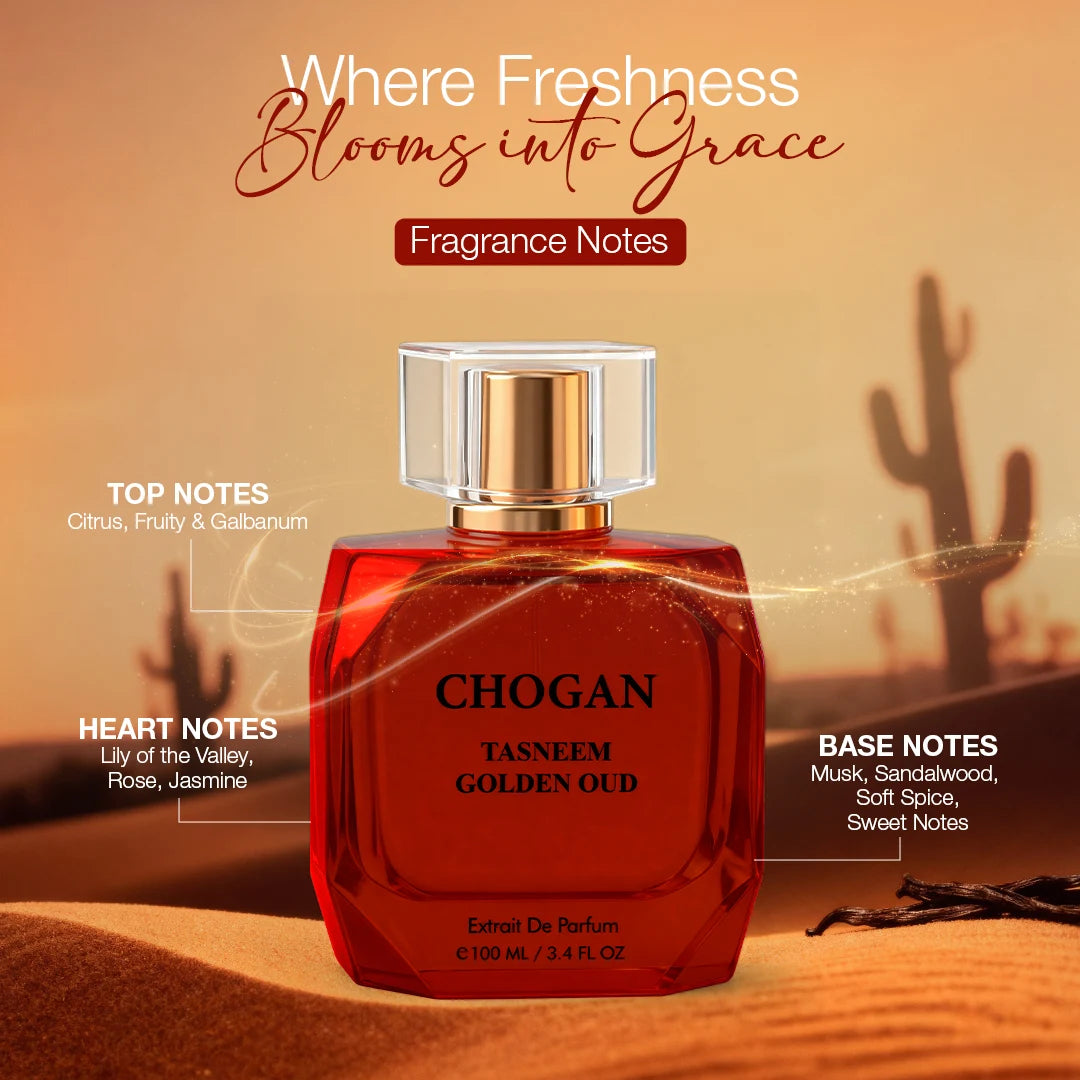 CHOGAN TASNEEM GOLDEN OUD Extrait de Parfum – Sweet Floral & Ambery Scent with Rosaceous Patchouli & Deep Woody Base | Long-Lasting, Spiritual & Elegant Fragrance | Unisex | 100 ml