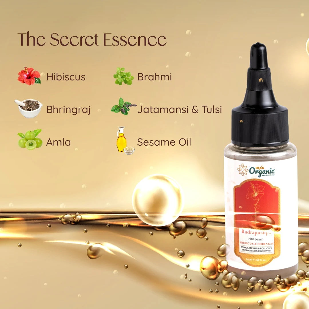 HEXA Organic Rudrapushpa Hair Serum – With Rosemary, Shikakai, Methi, Kalonji, Hibiscus, Lemon Peel, Rice Water & Amla | Reduces Hair Fall, Boosts Regrowth, Strengthens Roots, Controls Dandruff & Adds Shine | 50 ml