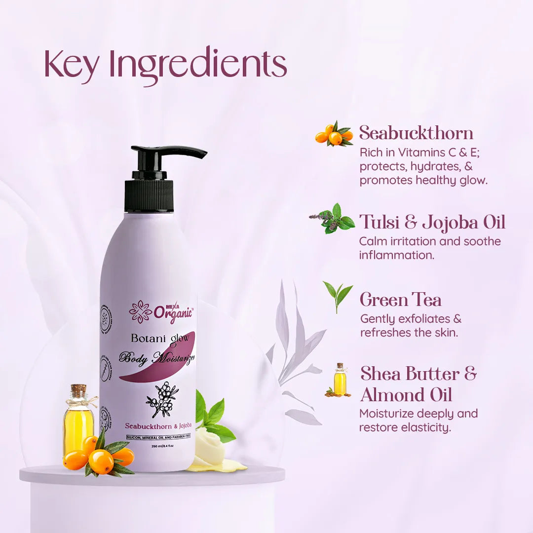 HEXA Organic Botani Glow Herbal Moisturizer – With Seabuckthorn, Amla, Tulsi, Green Tea, Aloe Vera, Jojoba & Almond Oil | Deep Hydration, Skin Regeneration, Glow & Nourishment | For All Skin Types | 250 ML