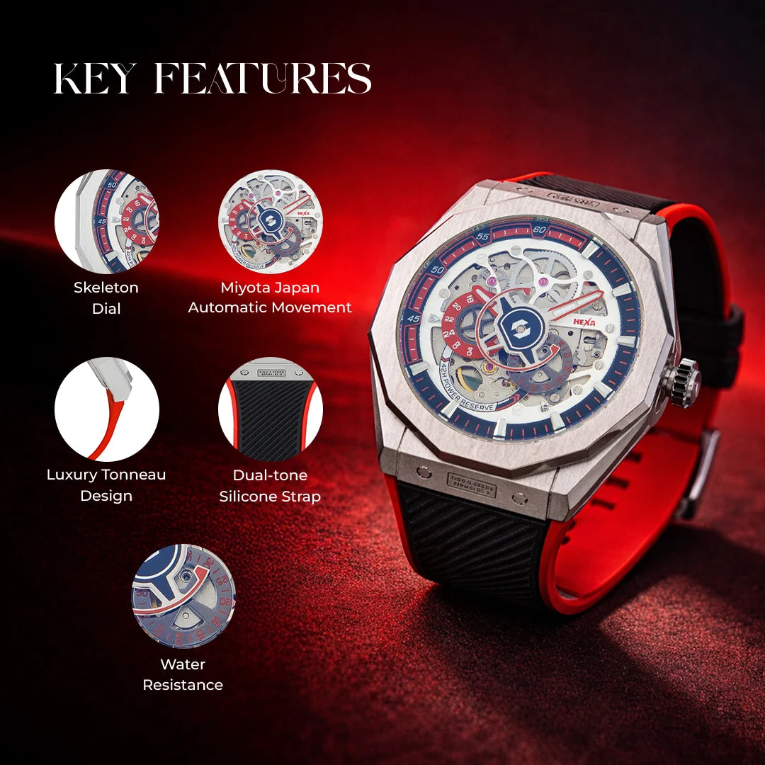 Hexa Vertex Red Skeleton Automatic Watch for Men | Miyota Japan Movement | Tonneau Barrel Case | Transparent Skeleton Dial | Sapphire Crystal Glass | Red Silicone Strap | 42.5mm | 5ATM
