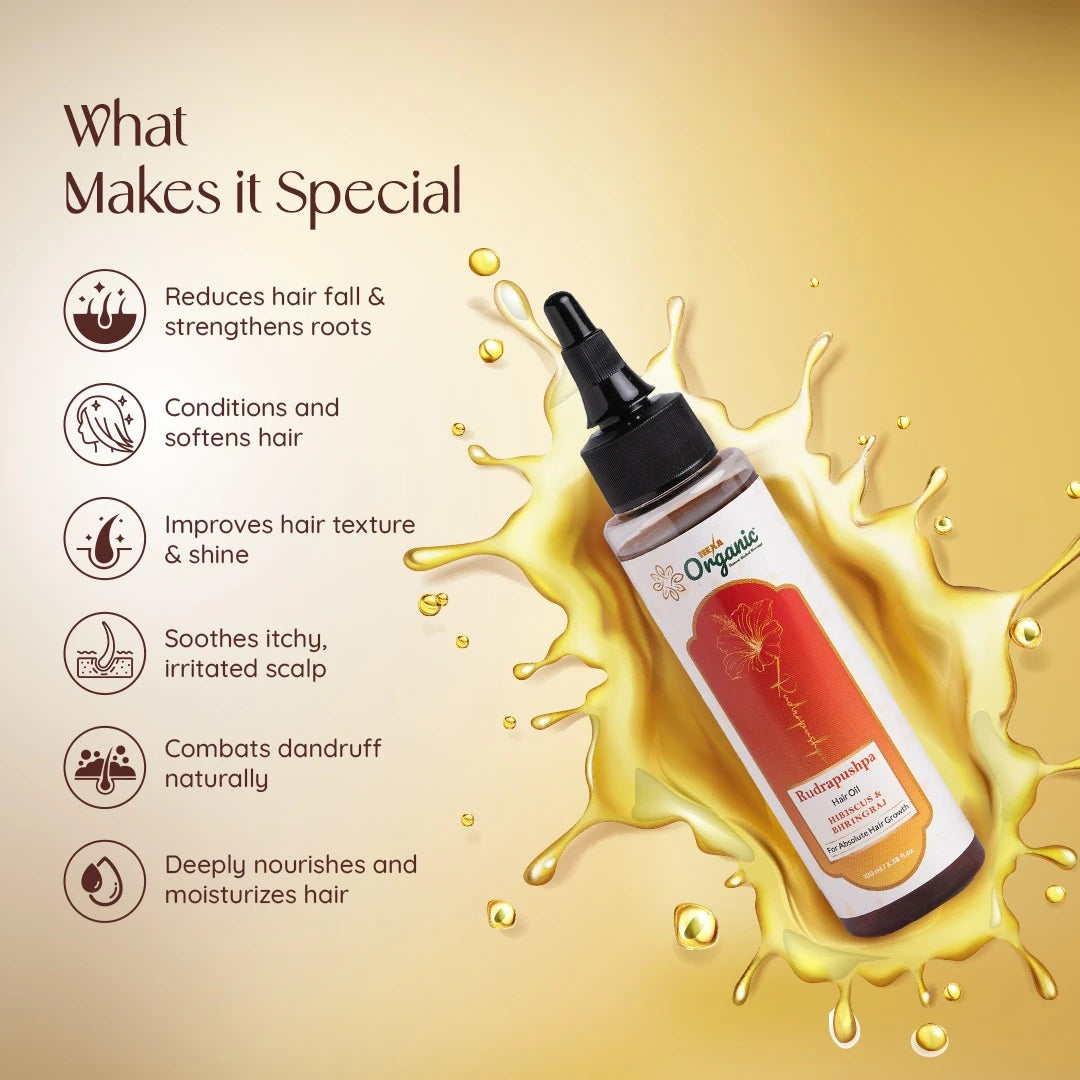 HEXA Organic RudraPushpa Hair Oil – With Hibiscus, Bhringraj, Amla, Brahmi, Jatamansi, Tulsi & Sesame Oil | Reduces Hair Fall, Promotes Growth, Nourishes Scalp | Paraben & Mineral Oils Free | 100 ml
