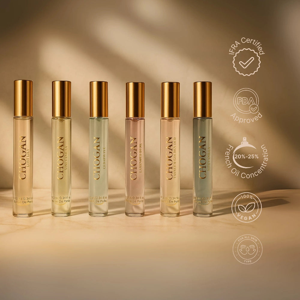 Set of Chogan perfume bottles with gold caps on a beige background