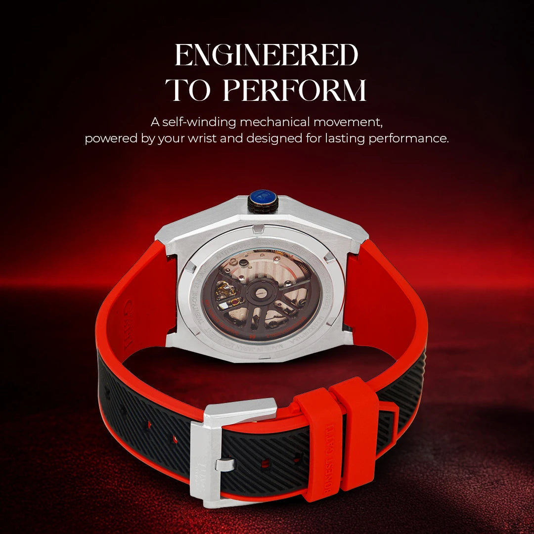 Hexa Vertex Red Skeleton Automatic Watch for Men | Miyota Japan Movement | Tonneau Barrel Case | Transparent Skeleton Dial | Sapphire Crystal Glass | Red Silicone Strap | 42.5mm | 5ATM