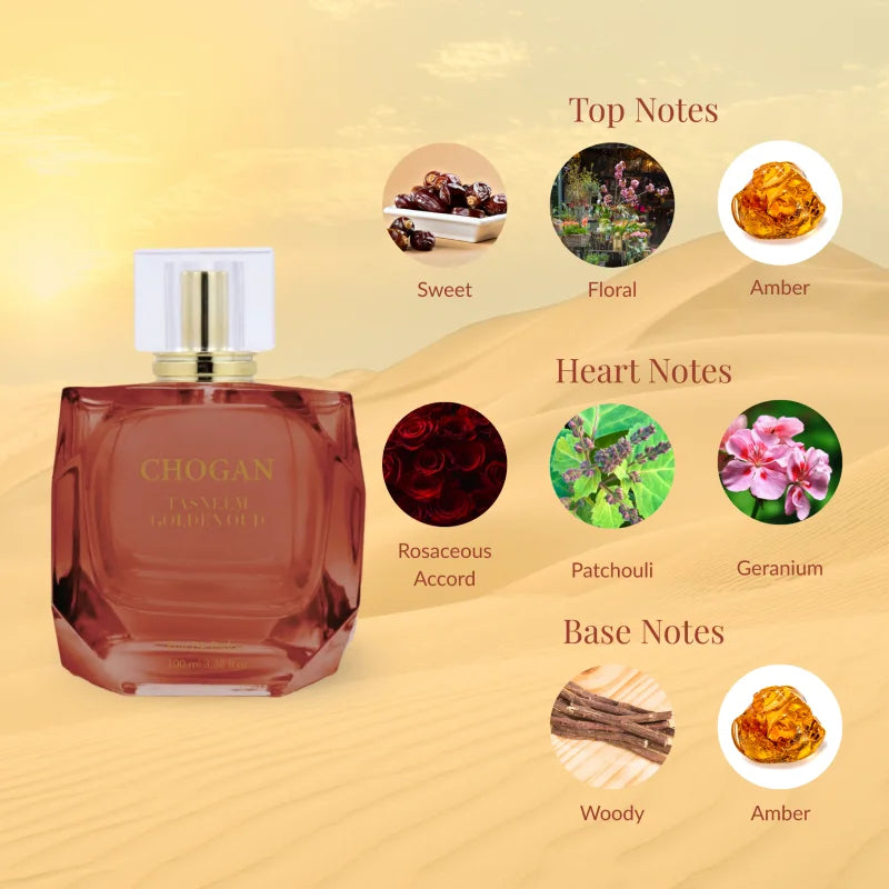 CHOGAN TASNEEM GOLDEN OUD Extrait de Parfum – Sweet Floral & Ambery Scent with Rosaceous Patchouli & Deep Woody Base | Long-Lasting, Spiritual & Elegant Fragrance | Unisex | 100 ml