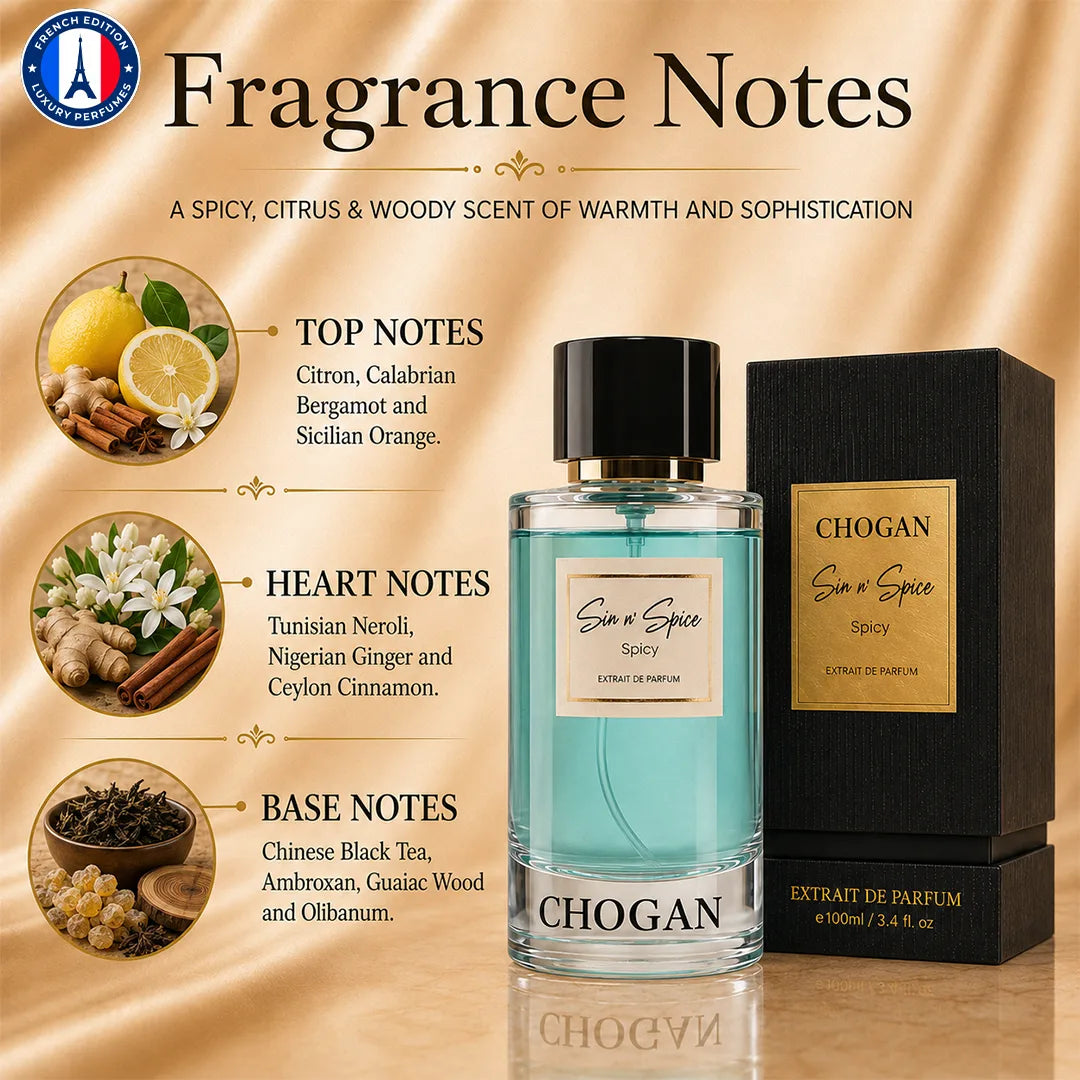 Chogan Sin n' Spice Unisex Extrait de Parfum 50ml & 100ml | Spicy Citrus Fragrance