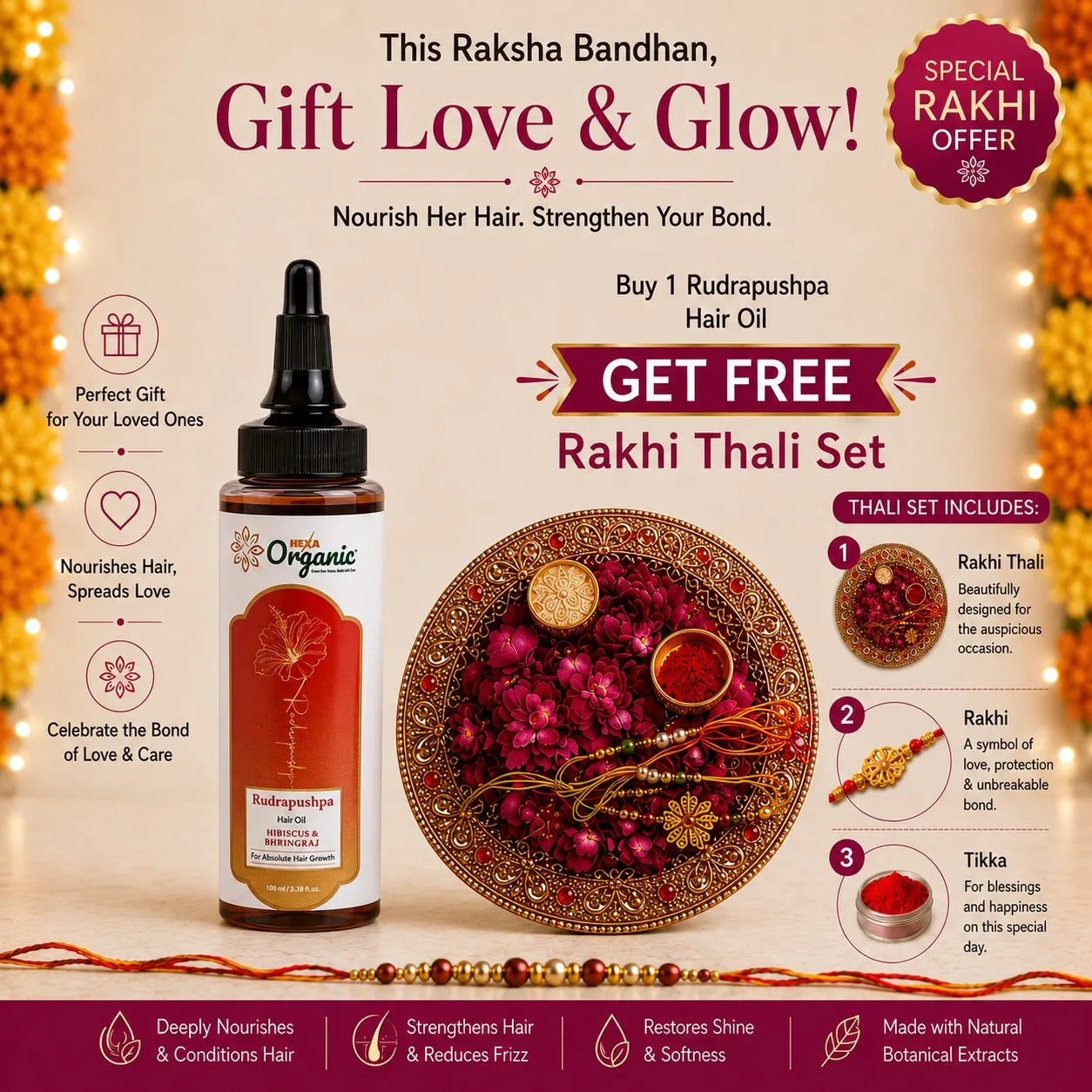 Hexa Organic RudraPushpa Hair Oil with Hibiscus, Bhringraj & Amla – 100 ml