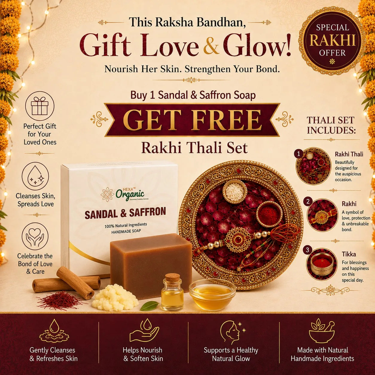 Hexa Organic Sandal Soap with Sandalwood, Saffron & Shea Butter – 100 g x 2