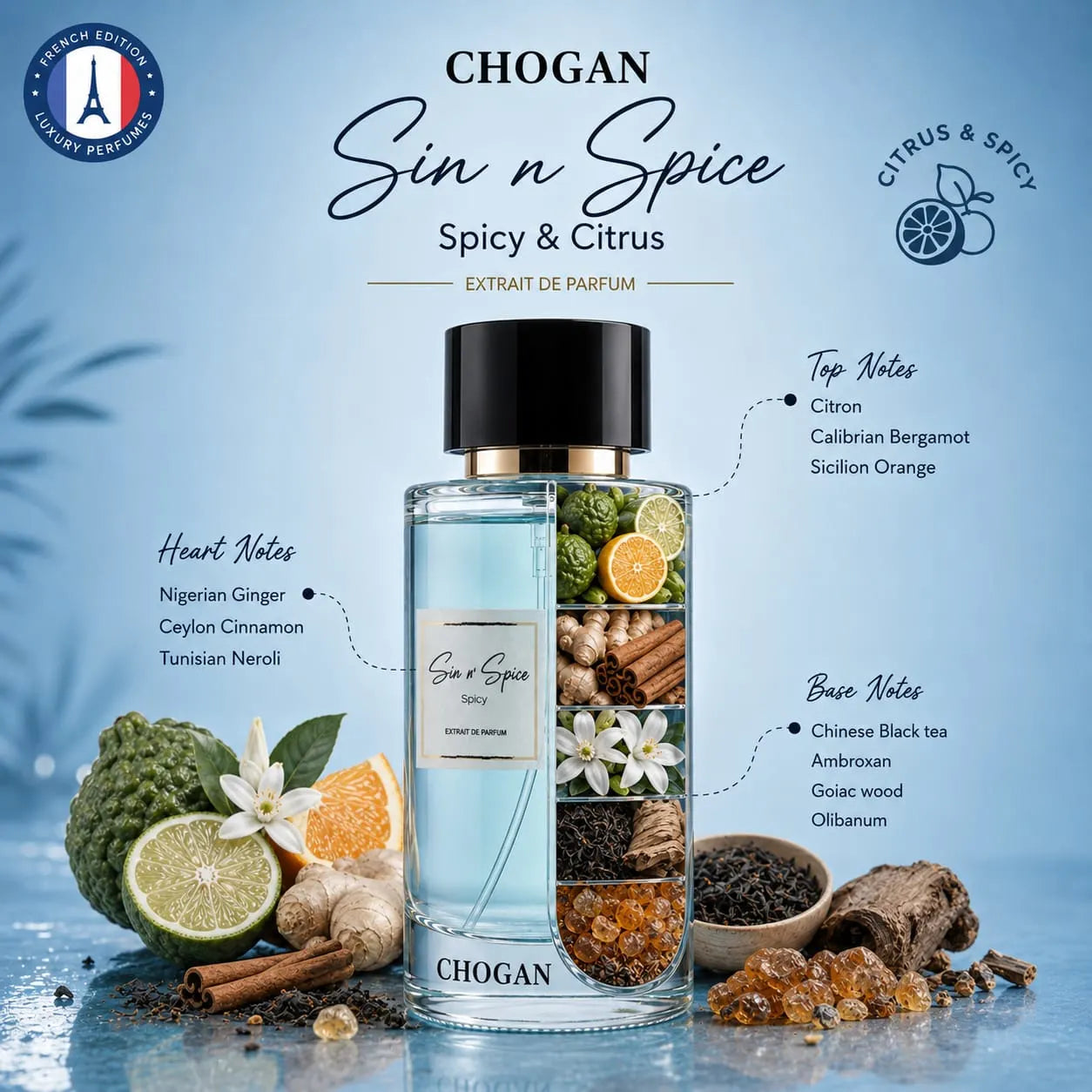 Chogan Sin n' Spice Unisex Extrait de Parfum 50ml & 100ml | Spicy Citrus Fragrance
