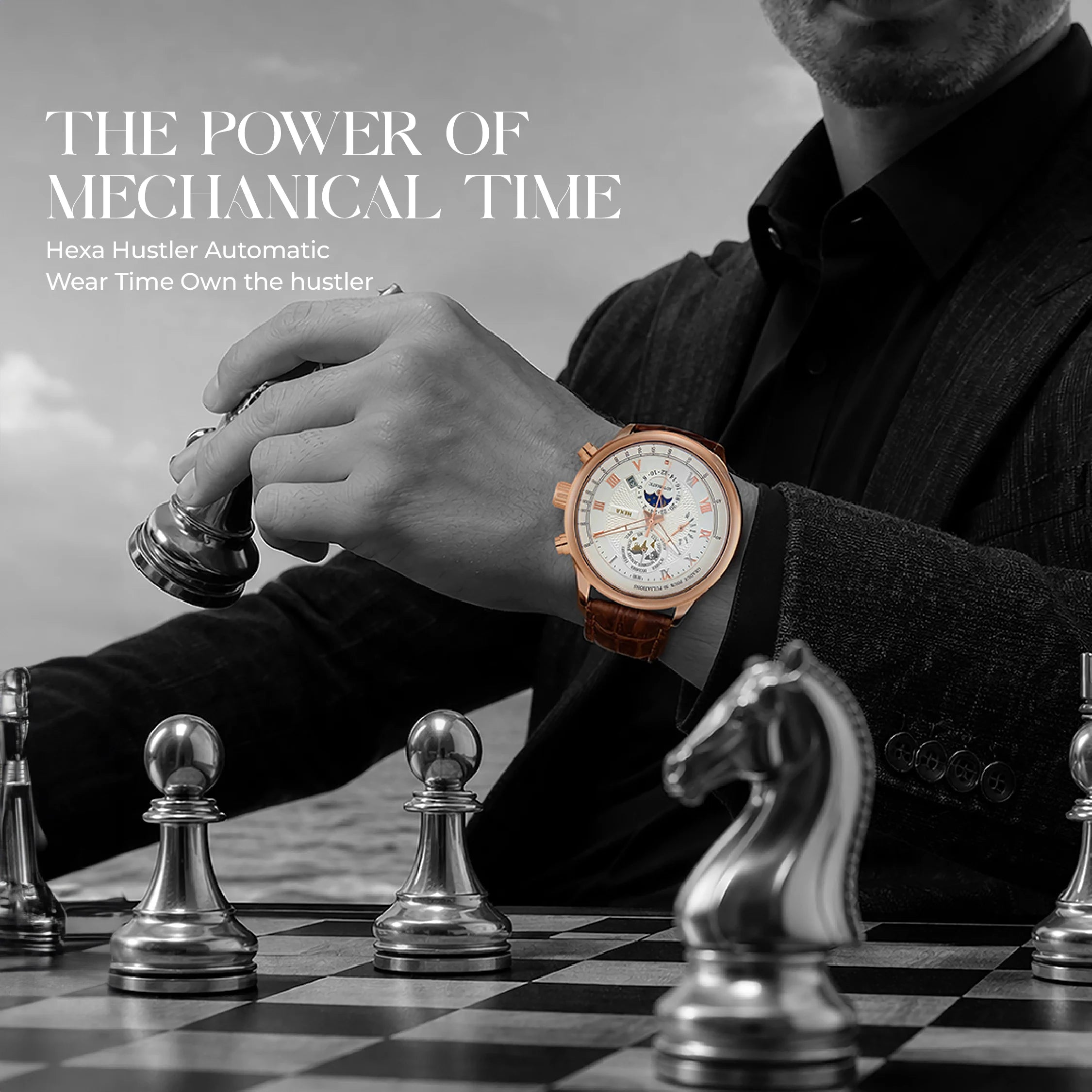 Hexa Hustler Automatic Mechanical Watch for Men | Moon Phase | World Map Dial | Pulsometer Bezel | Rose Gold Case | White Dial | Brown Leather Strap | 45mm | 3ATM