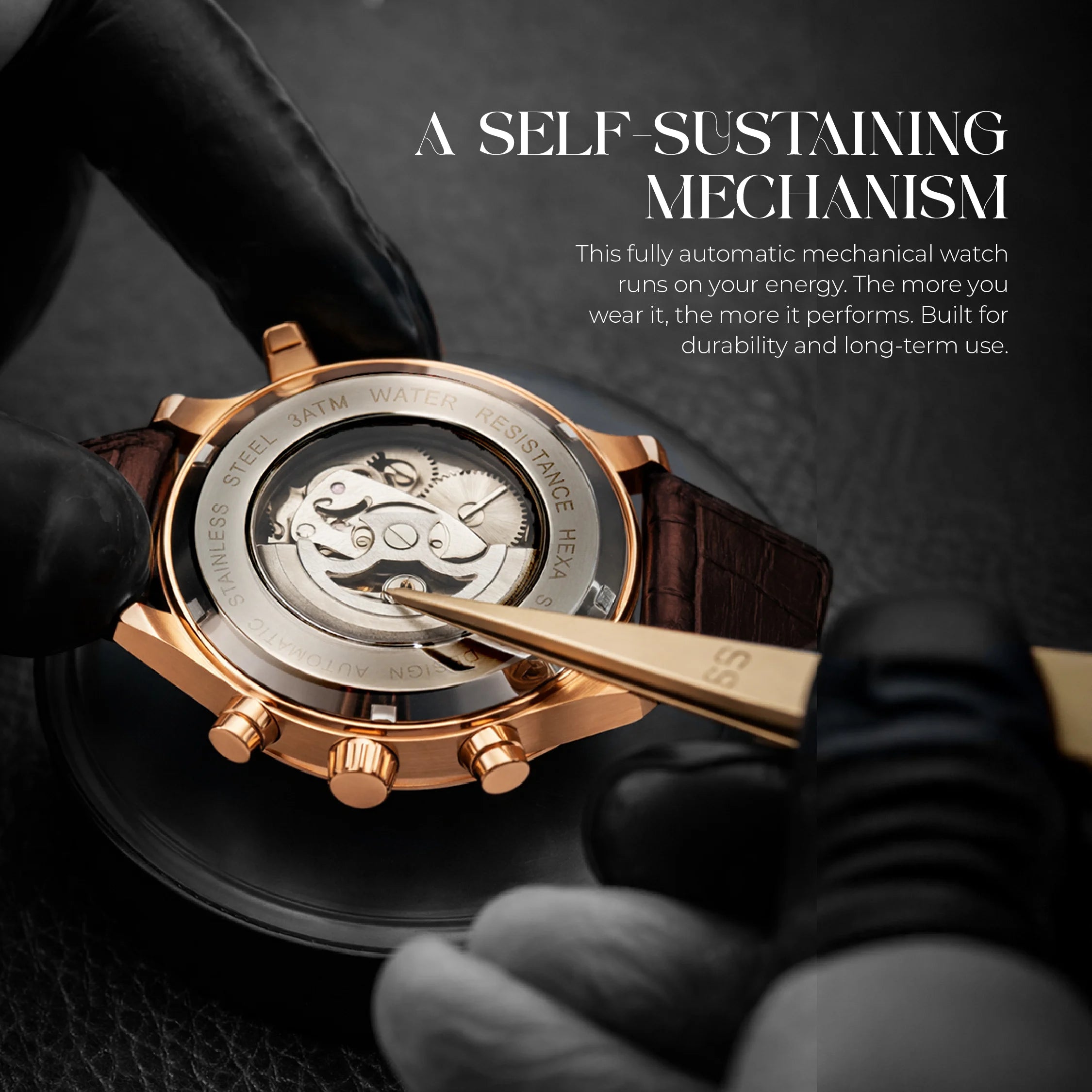 Hexa Hustler Automatic Mechanical Watch for Men | Moon Phase | World Map Dial | Pulsometer Bezel | Rose Gold Case | White Dial | Brown Leather Strap | 45mm | 3ATM