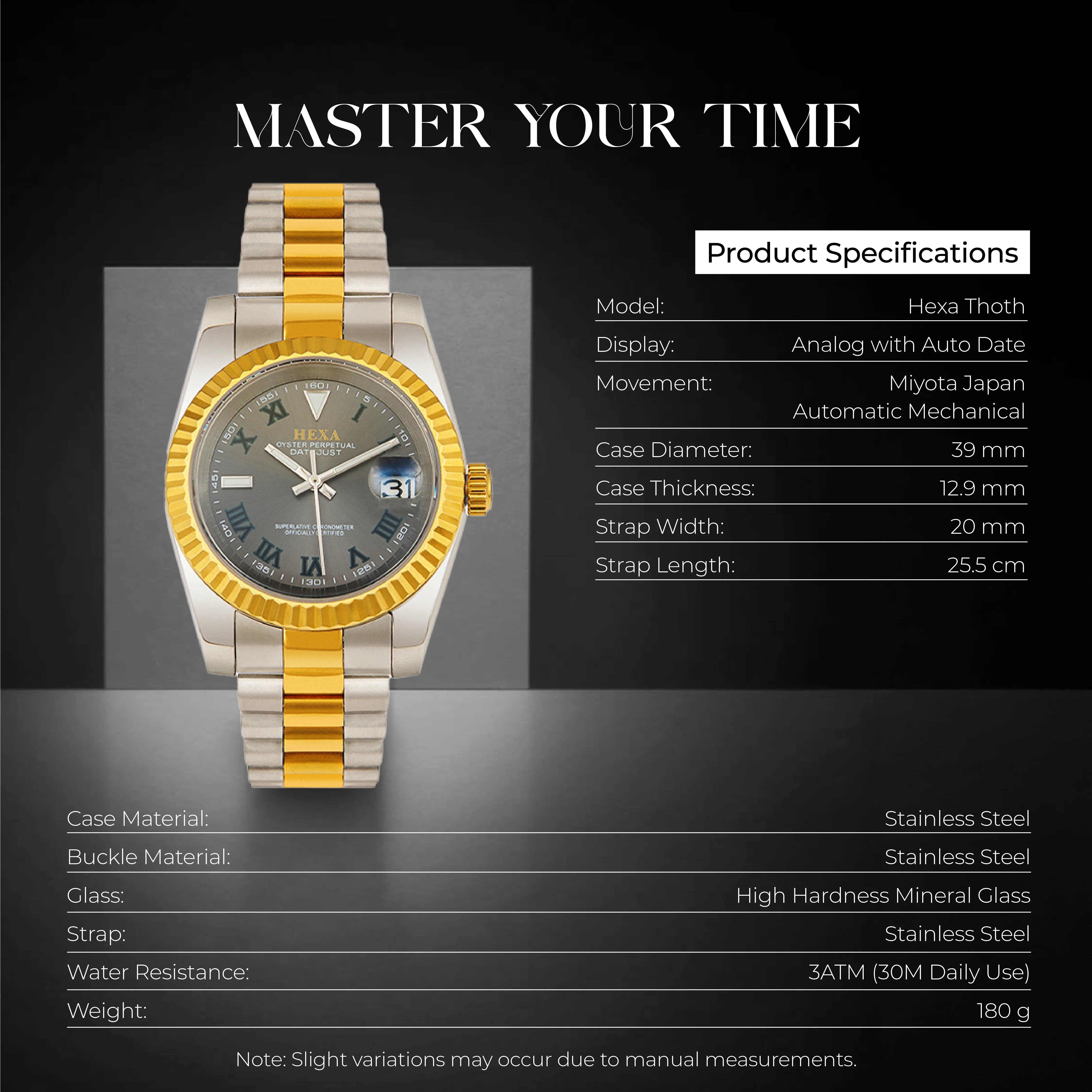 Hexa Thoth Automatic Mechanical Watch for Men | Miyota Japan Movement | Auto Date Display | Stainless Steel Case & Strap | 39mm Slim Profile | Business & Formal Wear | 3ATM