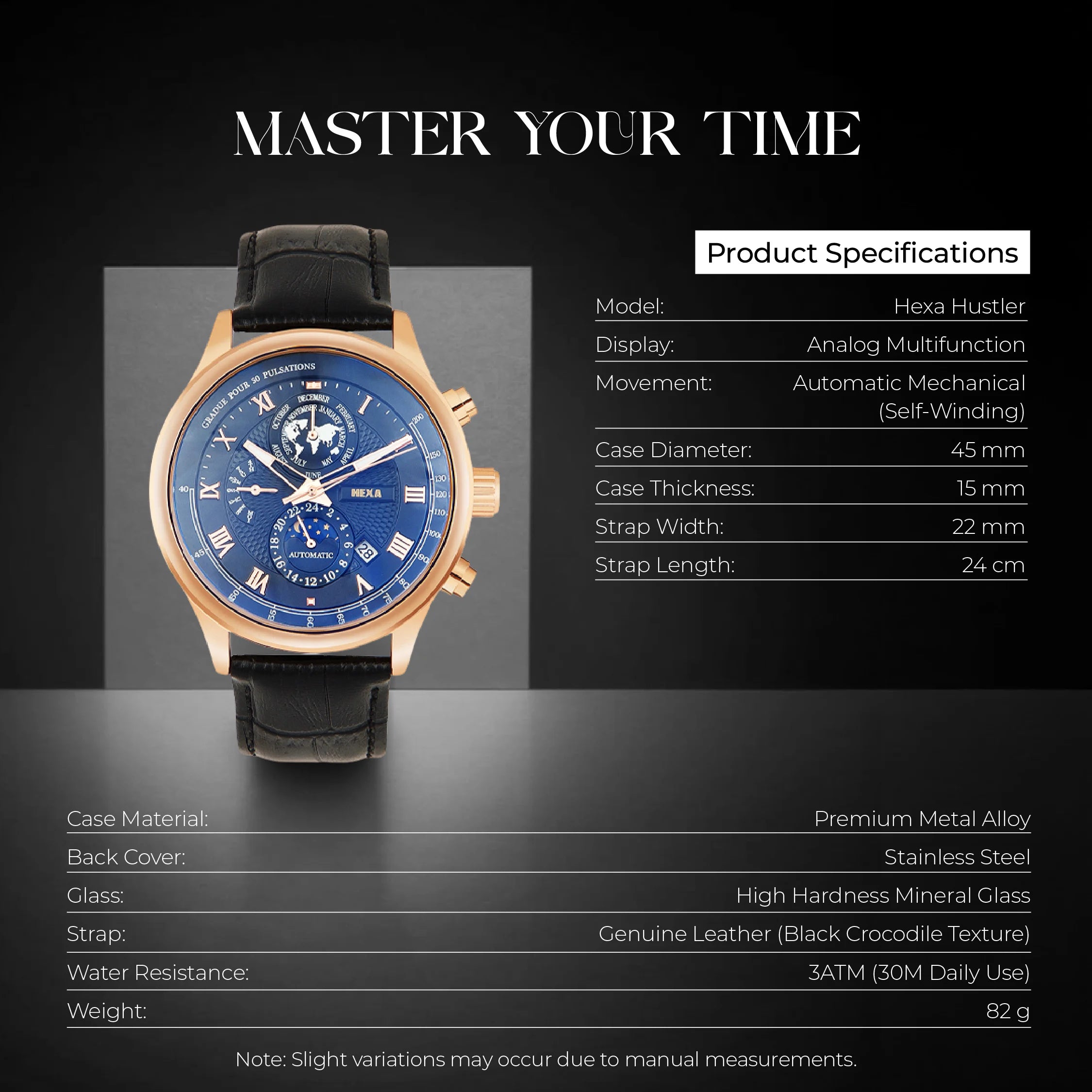 Hexa Hustler Automatic Mechanical Watch for Men | Moon Phase | World Map Dial | Pulsometer Bezel | Rose Gold Case | Black Dial | Black Leather Strap | 45mm | 3ATM